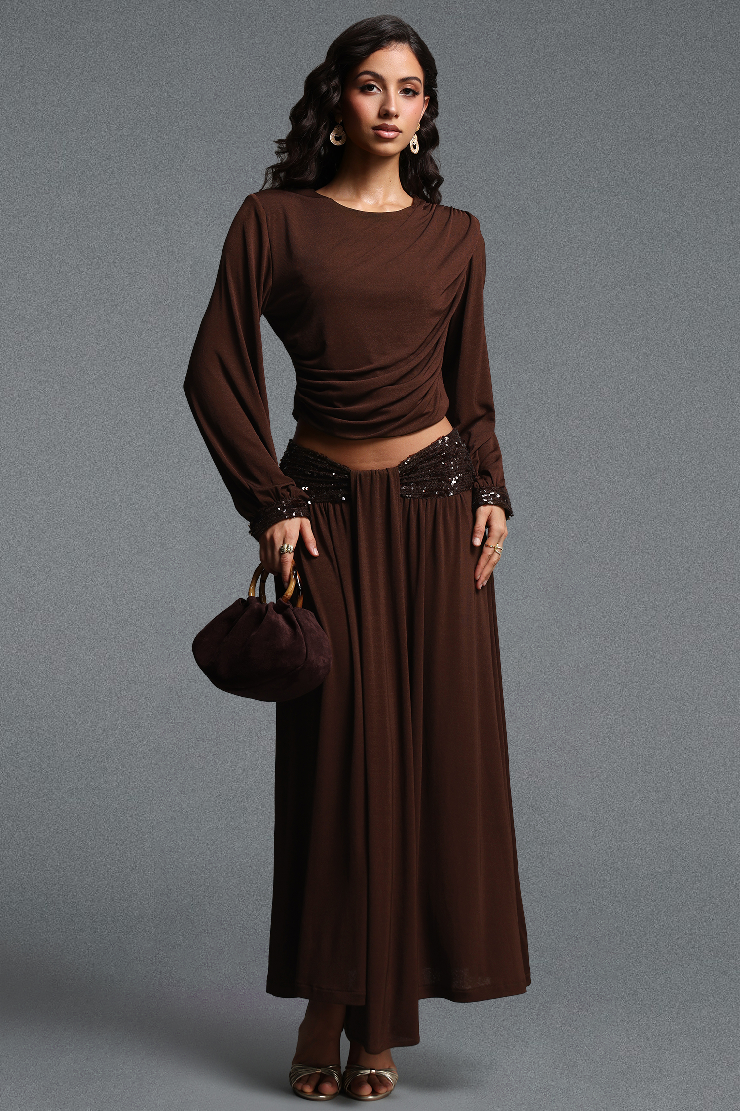 Renaa Vintage Flowy Round Neck Long Sleeve Sequin Knit Top and Skirt Two Piece Set