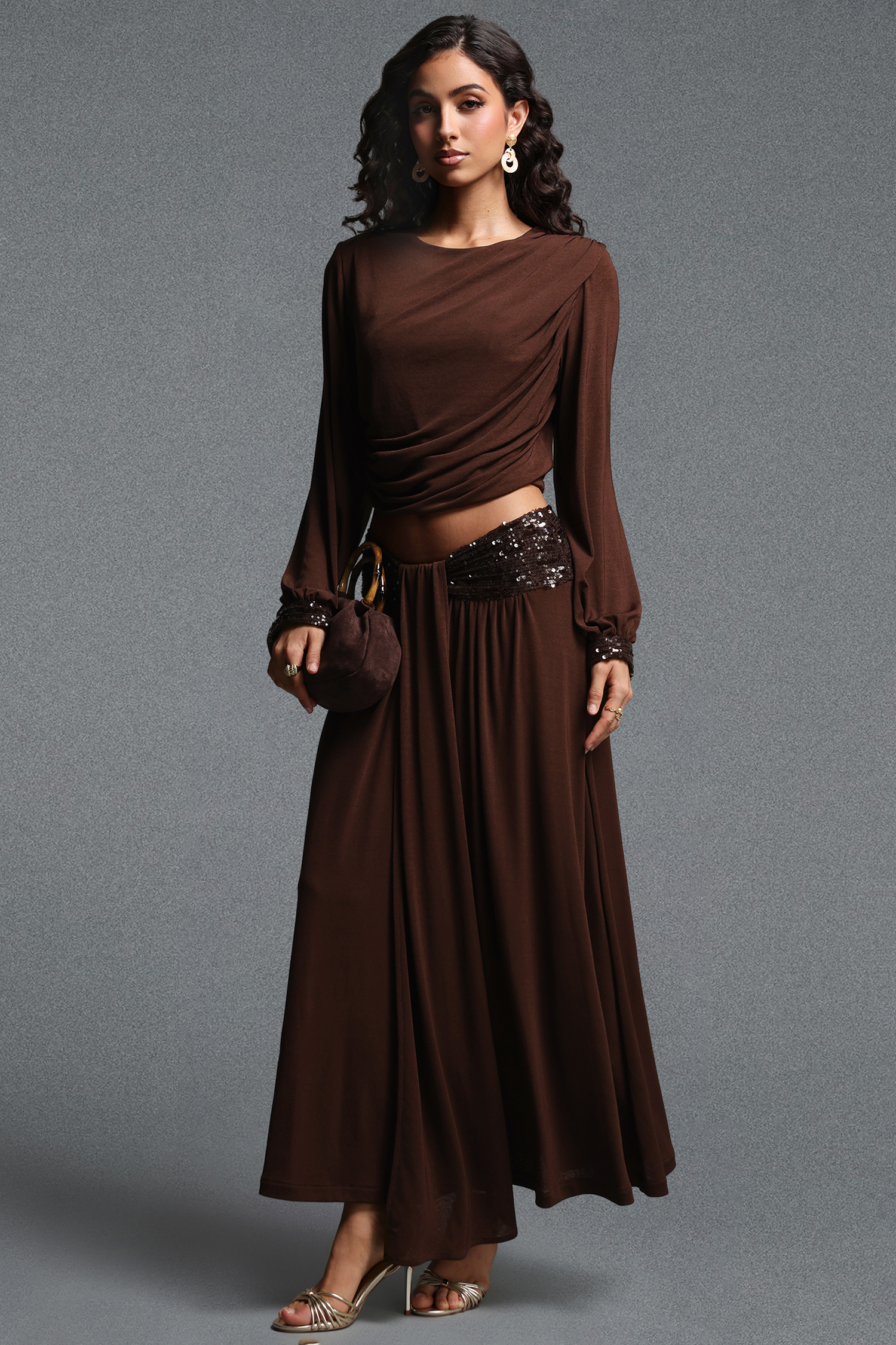 Renaa Vintage Flowy Round Neck Long Sleeve Sequin Knit Top and Skirt Two Piece Set