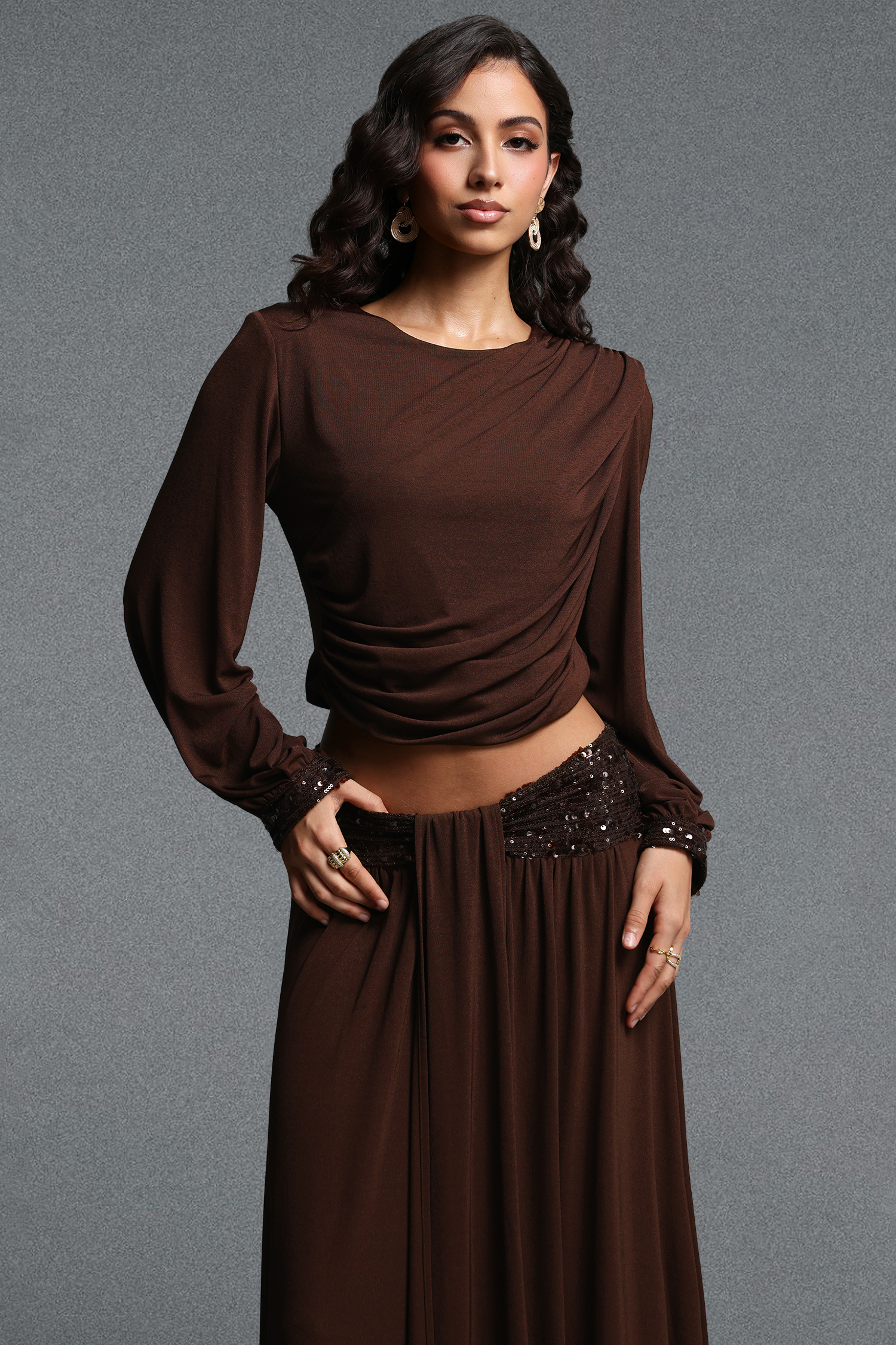 Renaa Vintage Flowy Round Neck Long Sleeve Sequin Knit Top and Skirt Two Piece Set