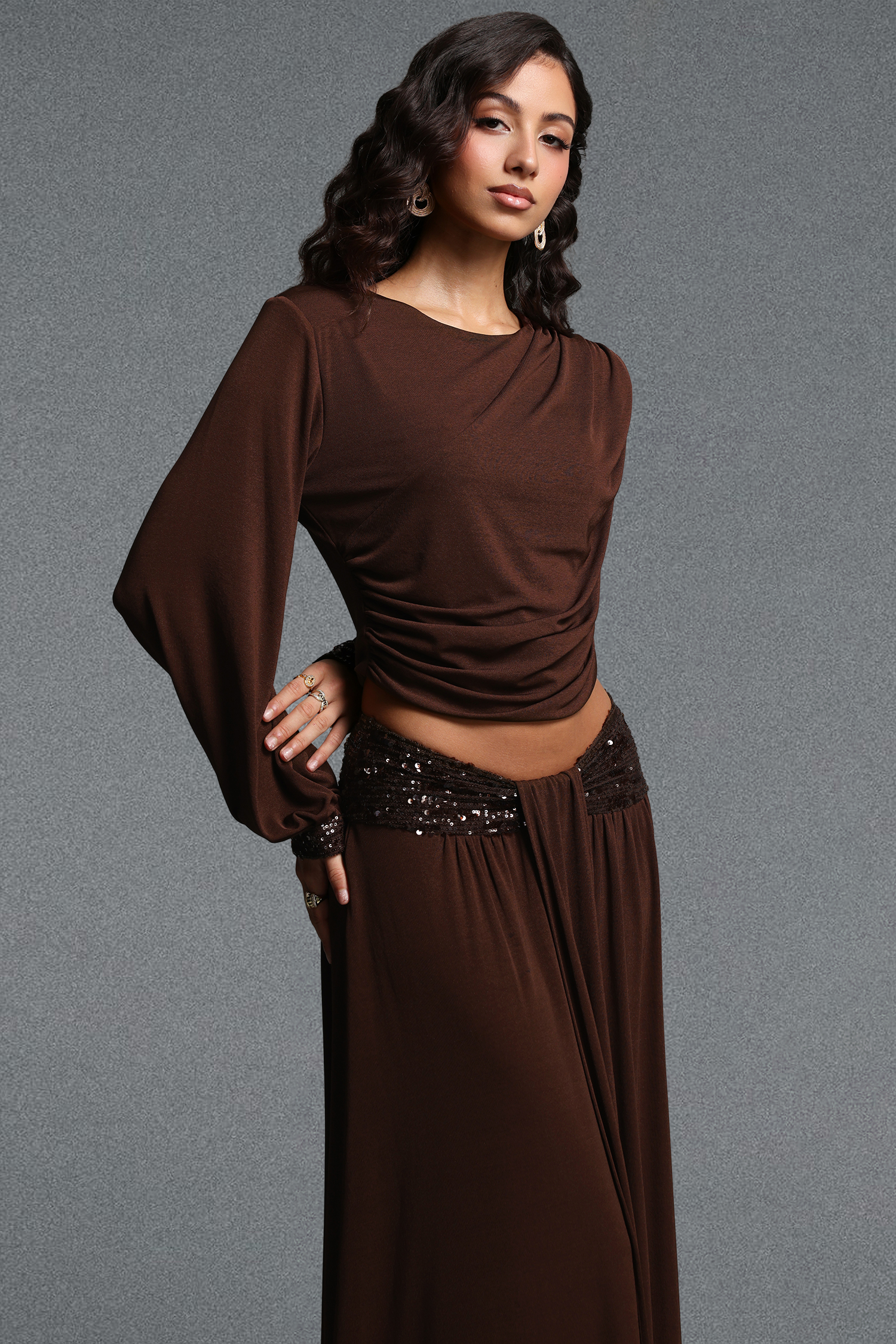 Renaa Vintage Flowy Round Neck Long Sleeve Sequin Knit Top and Skirt Two Piece Set