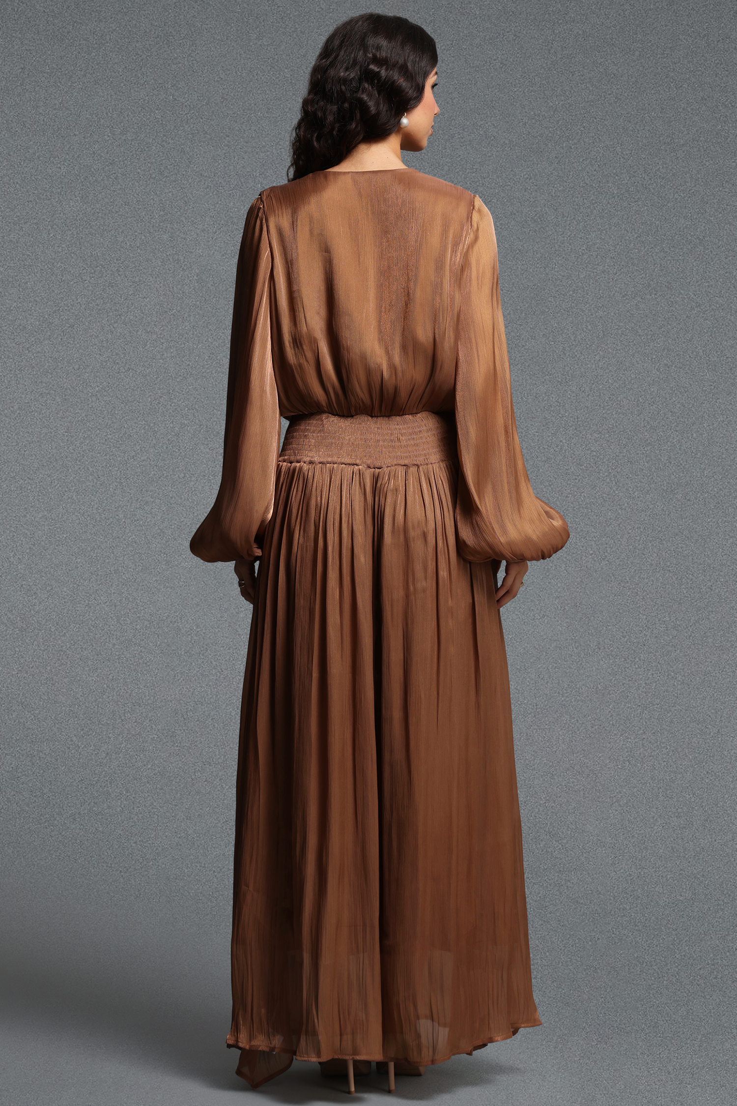 Sloan Romantic Flowy V Neck Long Sleeve Shimmer Satin Maxi Dress
