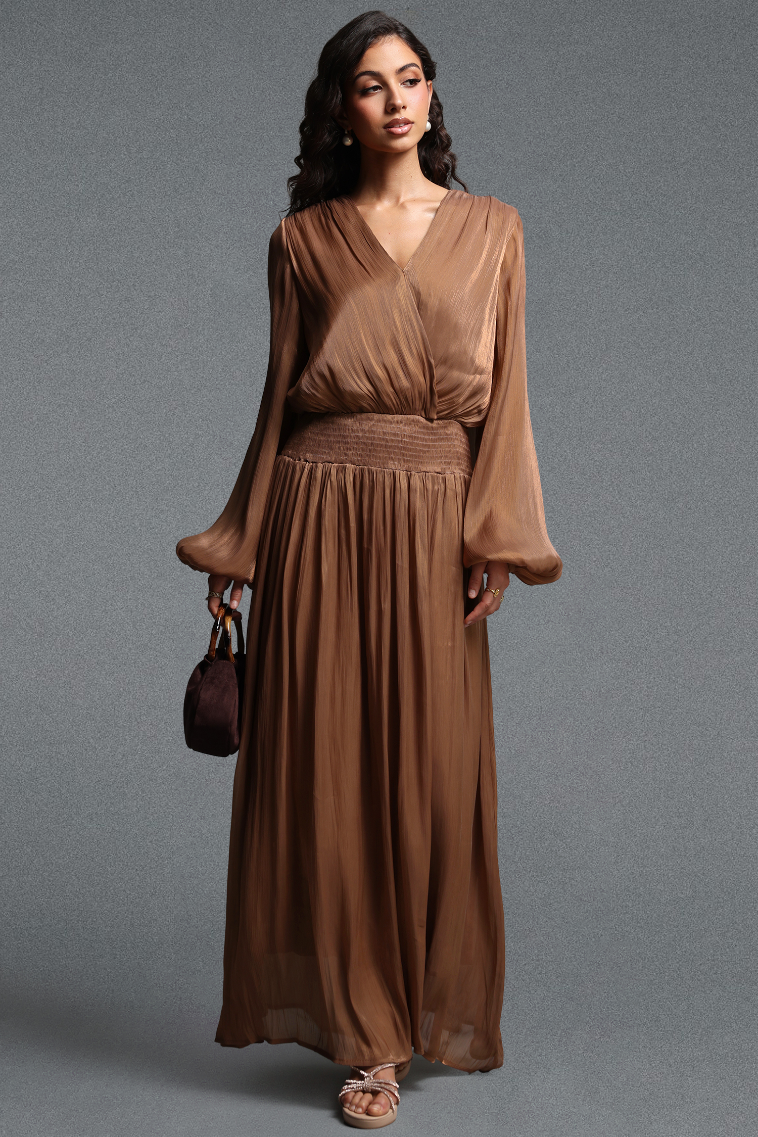 Sloan Romantic Flowy V Neck Long Sleeve Shimmer Satin Maxi Dress