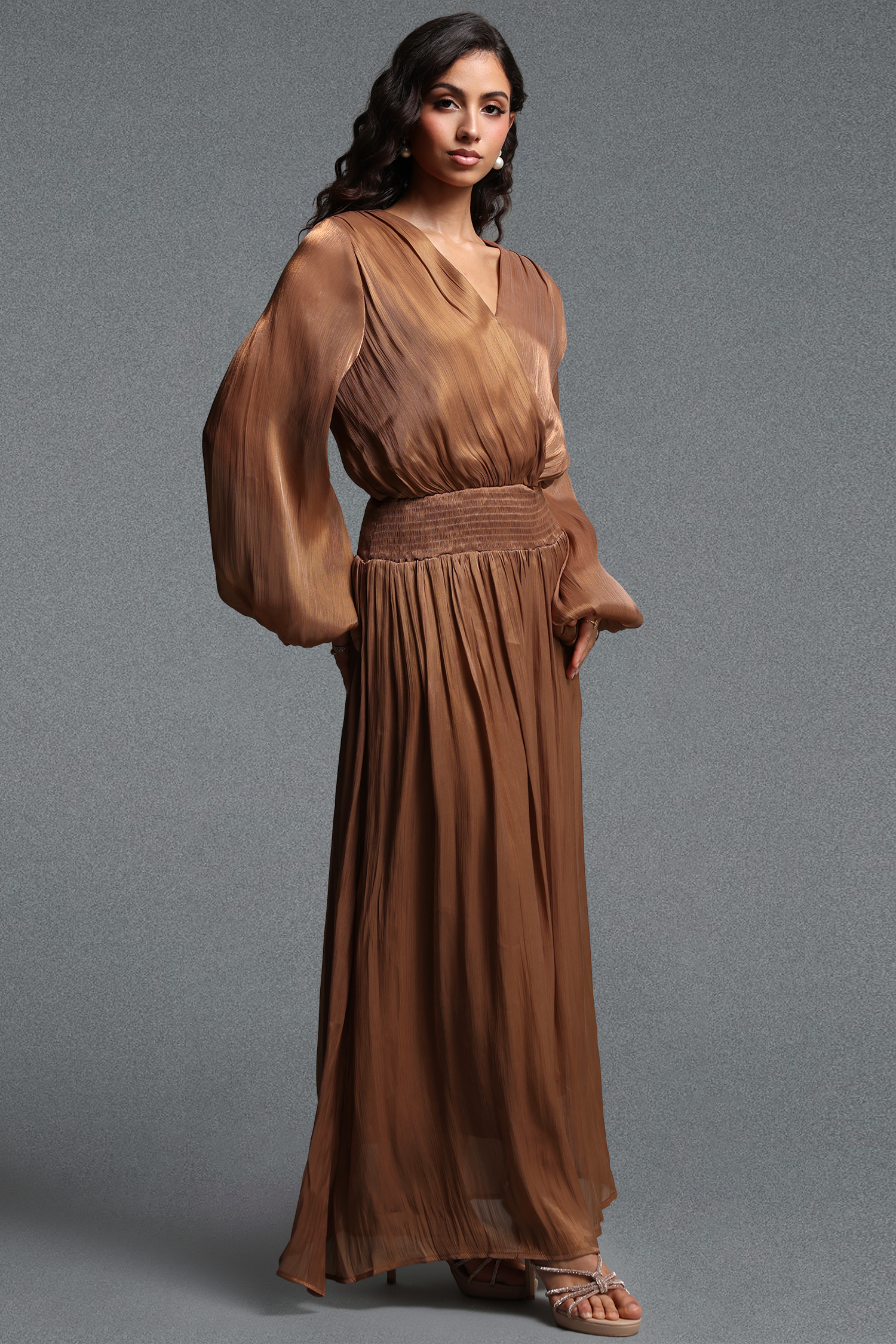 Sloan Romantic Flowy V Neck Long Sleeve Shimmer Satin Maxi Dress