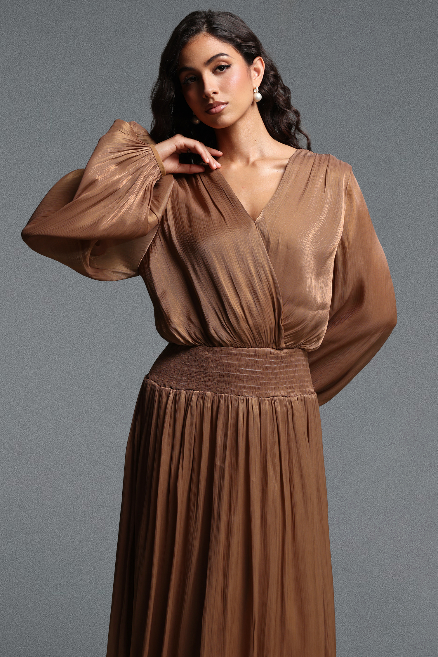 Sloan Romantic Flowy V Neck Long Sleeve Shimmer Satin Maxi Dress