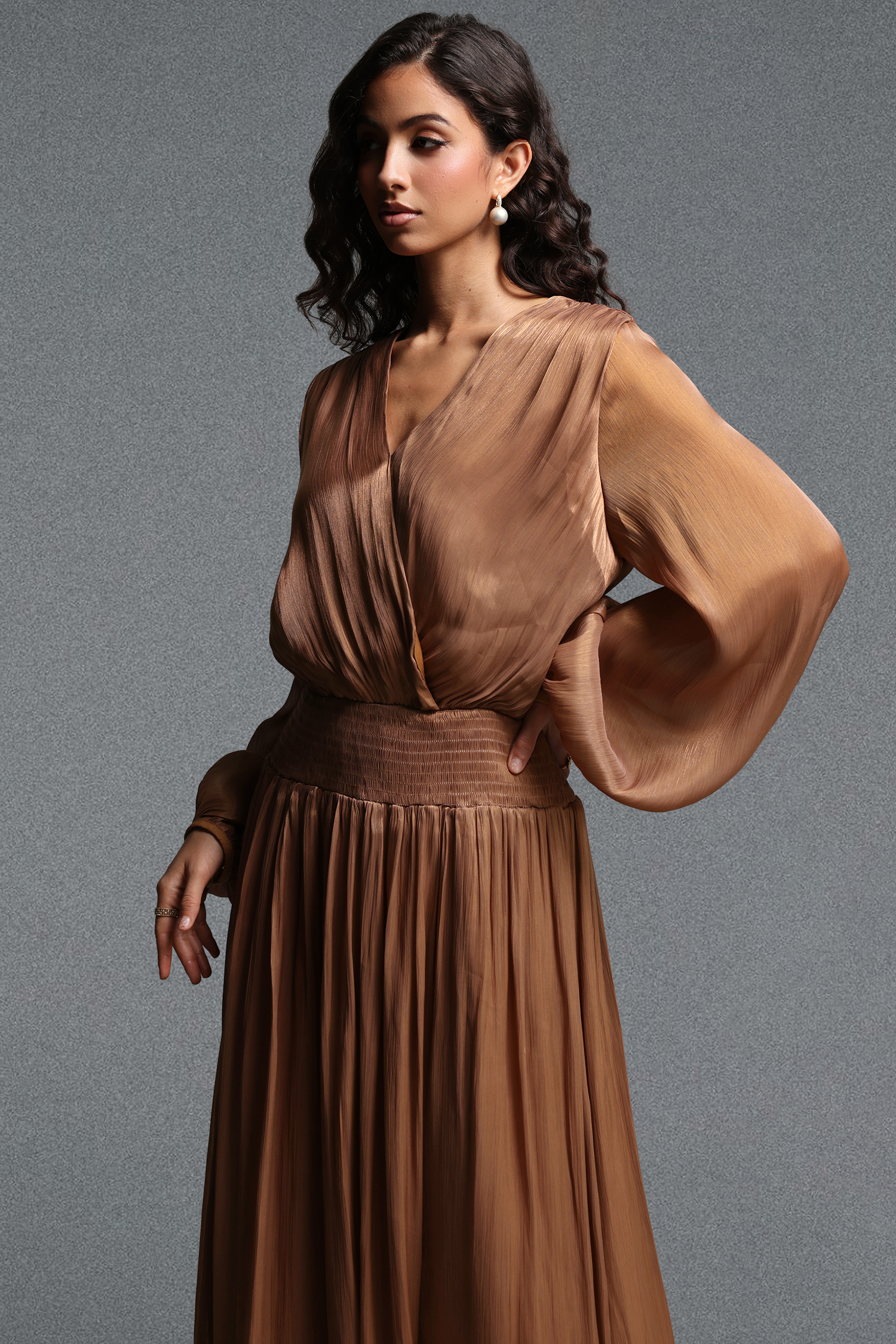 Sloan Romantic Flowy V Neck Long Sleeve Shimmer Satin Maxi Dress