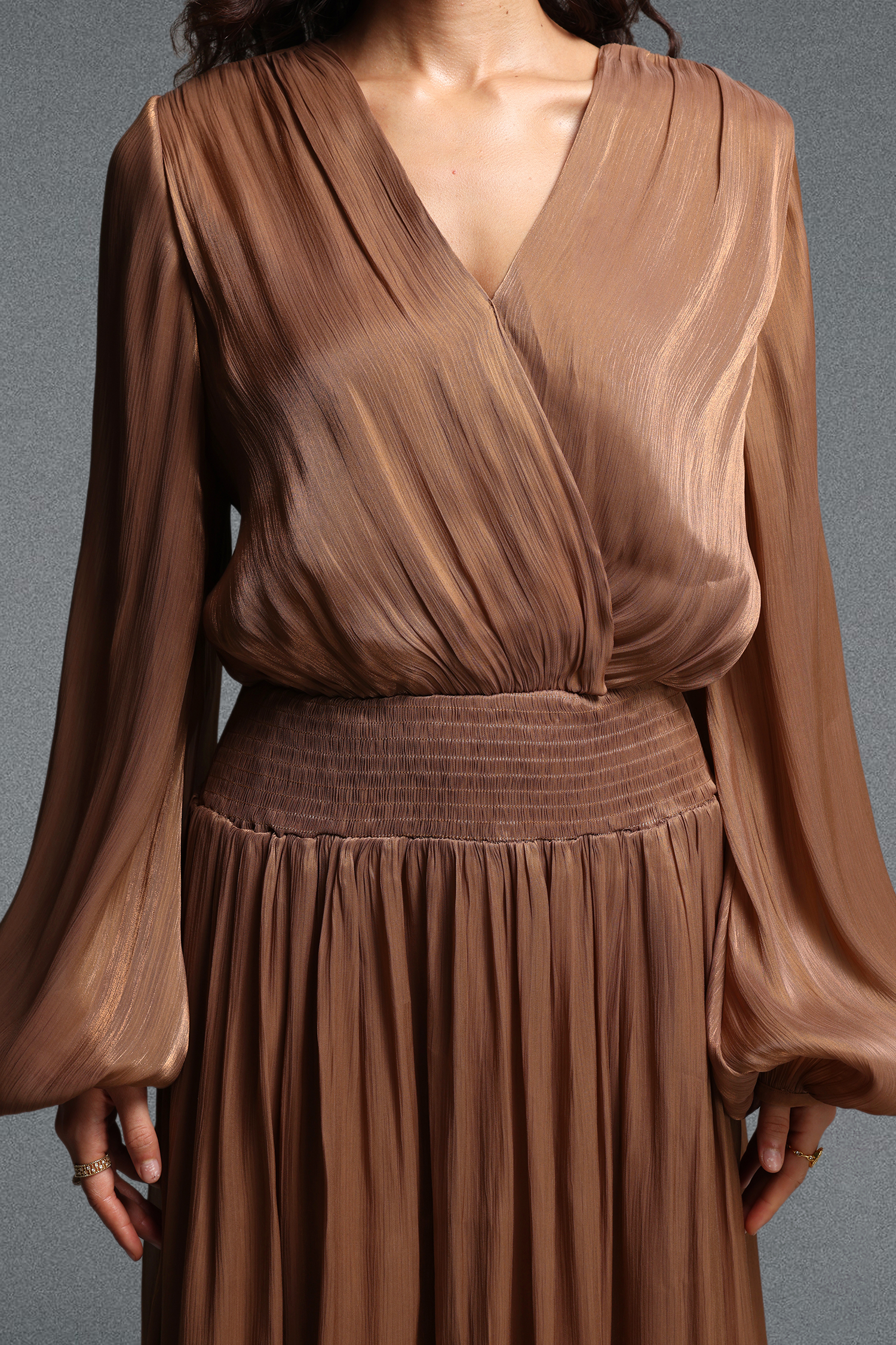 Sloan Romantic Flowy V Neck Long Sleeve Shimmer Satin Maxi Dress