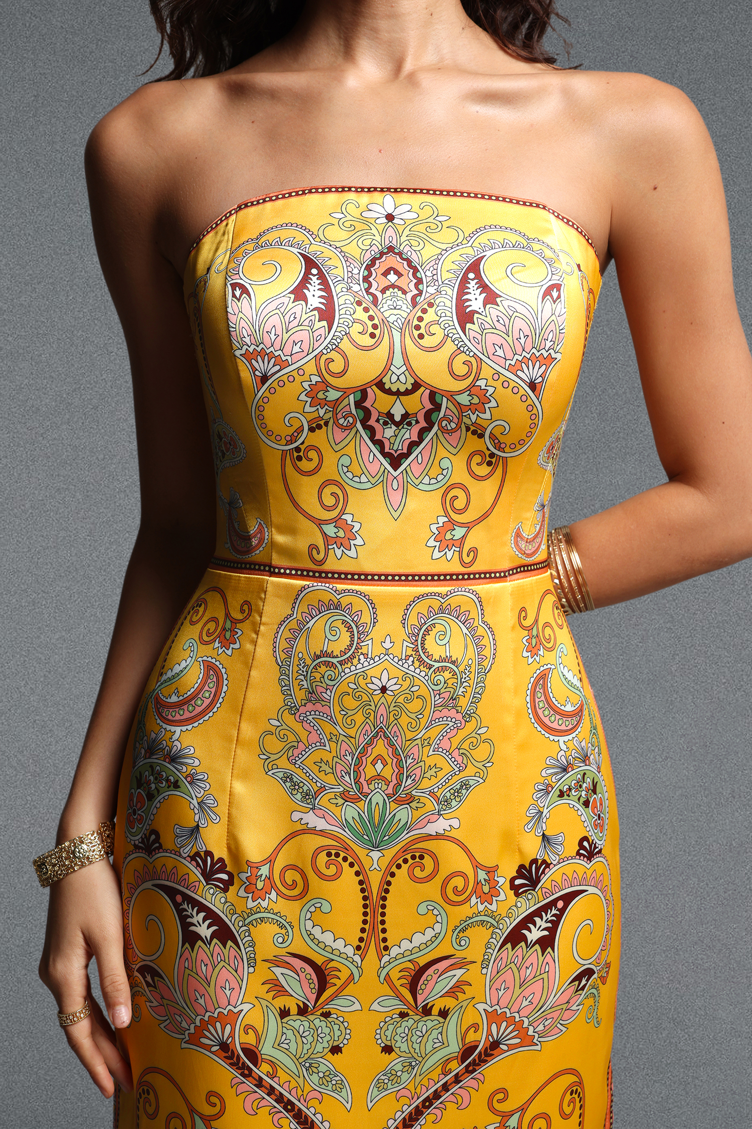 Marion Strapless Printed Twill Midi Dress