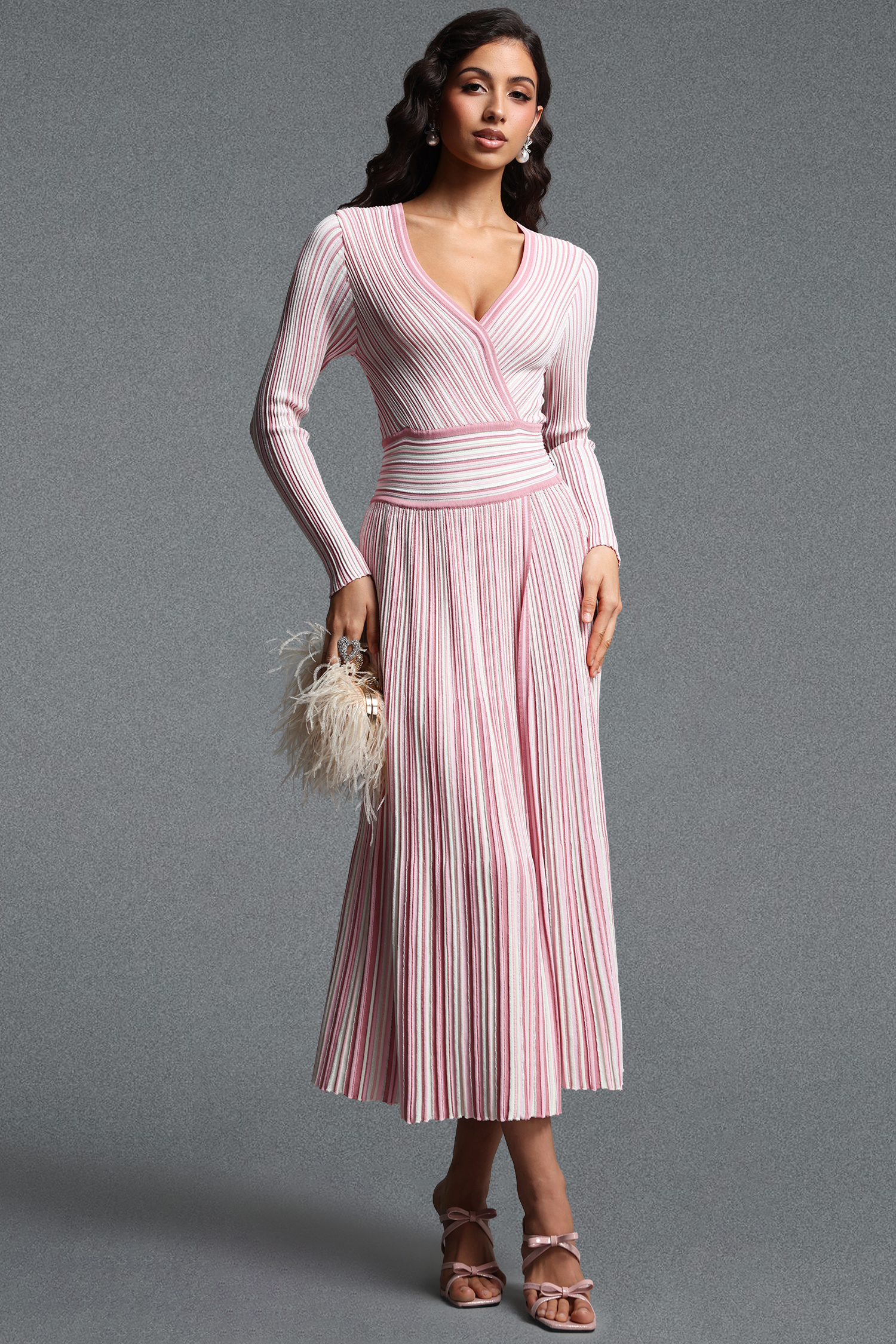 Vanina Vintage Contour V Neck Long Sleeve Bowvertical Stripes Knit Maxi Dress