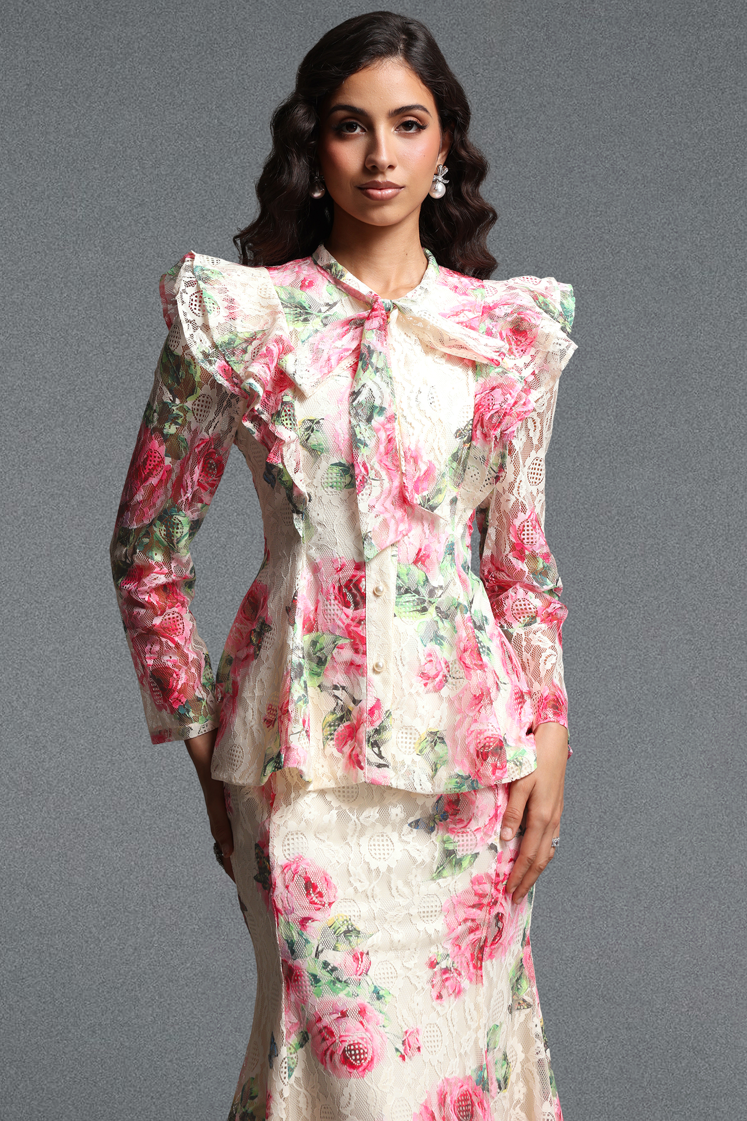 Marris Vintage Tailored Long Sleeve Floral Print Lace Top and Skirt Two Piece Set
