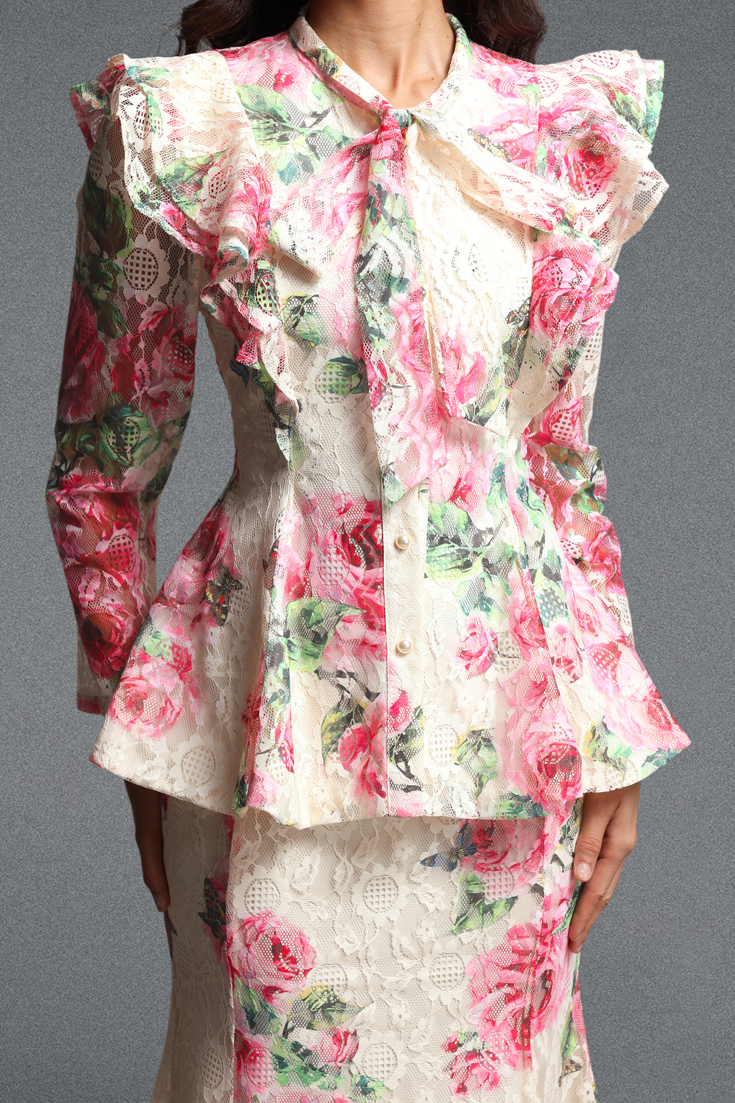 Marris Vintage Tailored Long Sleeve Floral Print Lace Top and Skirt Two Piece Set