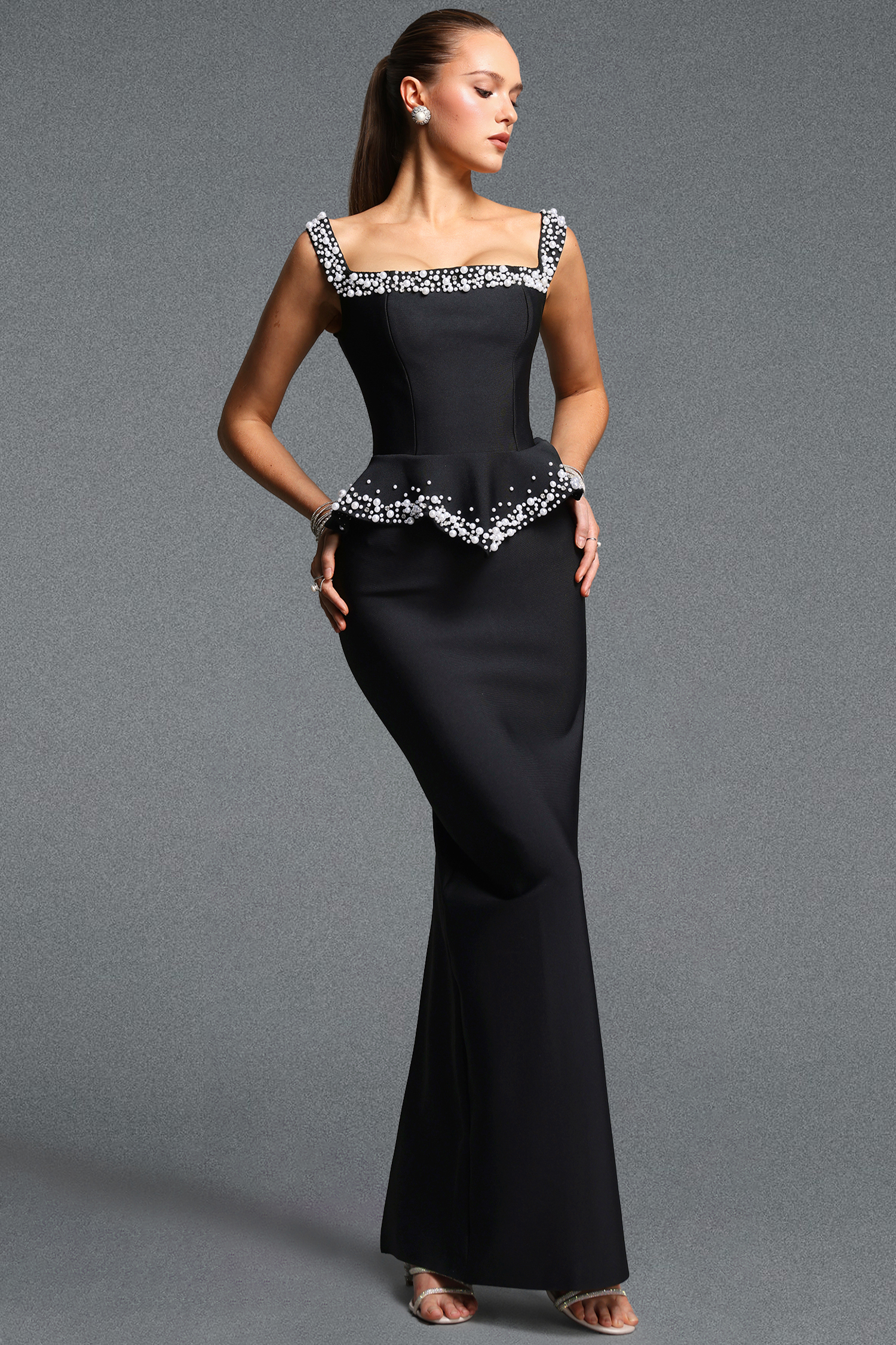 Vanessa Elegant Cinched Waist Spaghetti Strap Square Neck Pearl Top Bandage Midi Skirt Two Piece Set