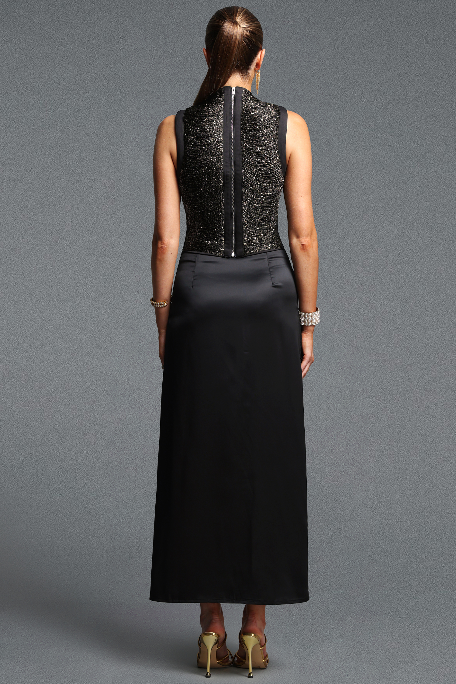 Halasa Stylish Sleeveless Fringe Top Satin Midi Skirt Woven Two Piece Set