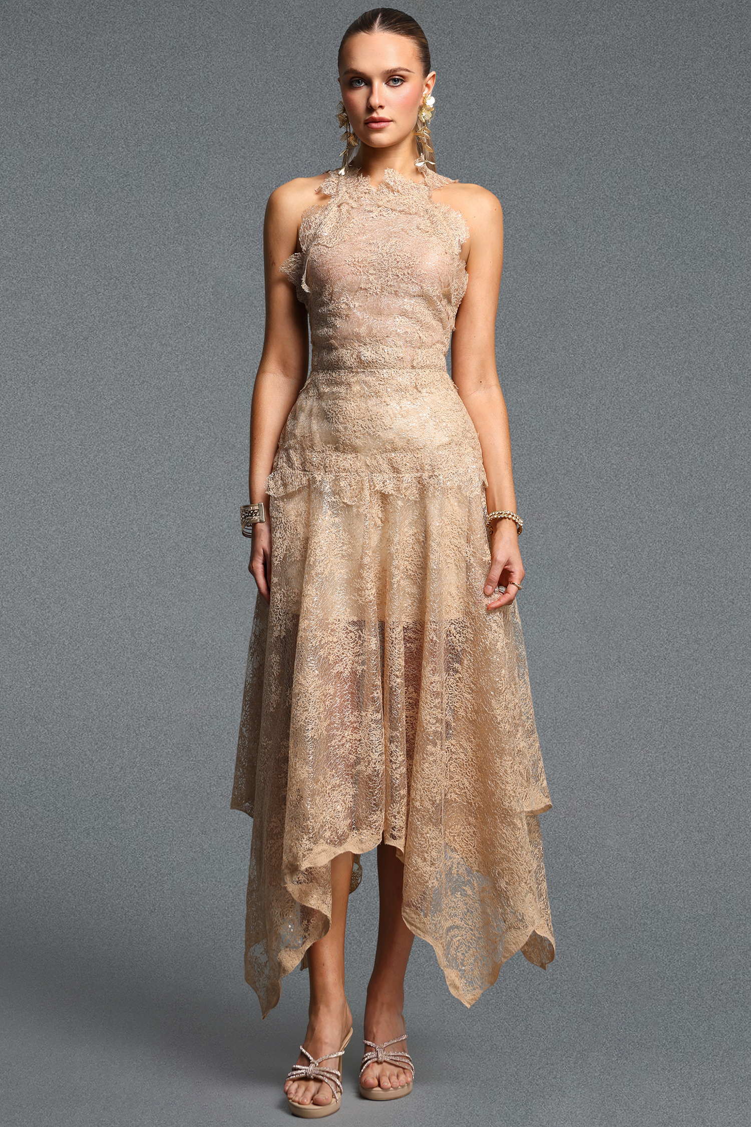 Kimaya Elegant Cinched Waist Halter Irregular Hem Lace Maxi Dress