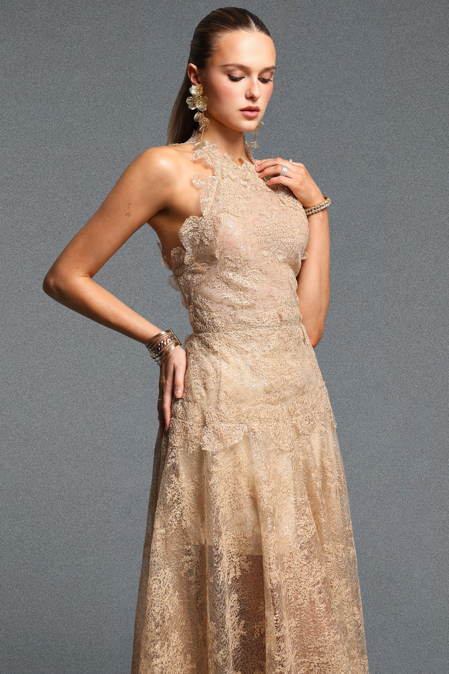Kimaya Elegant Cinched Waist Halter Irregular Hem Lace Maxi Dress