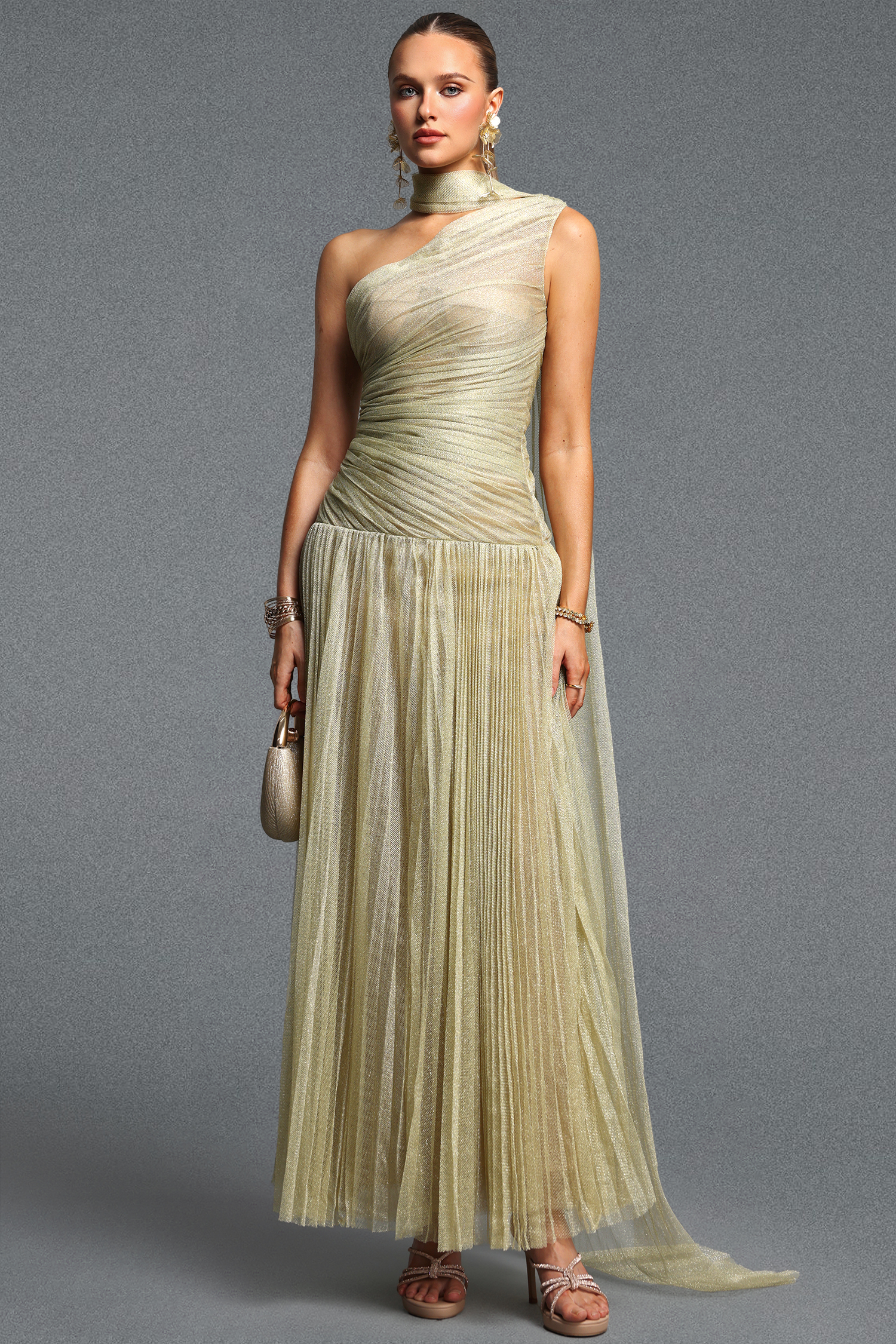 Lanla Elegant Cinched Waist Ruched Sash Mesh Woven Maxi Dress