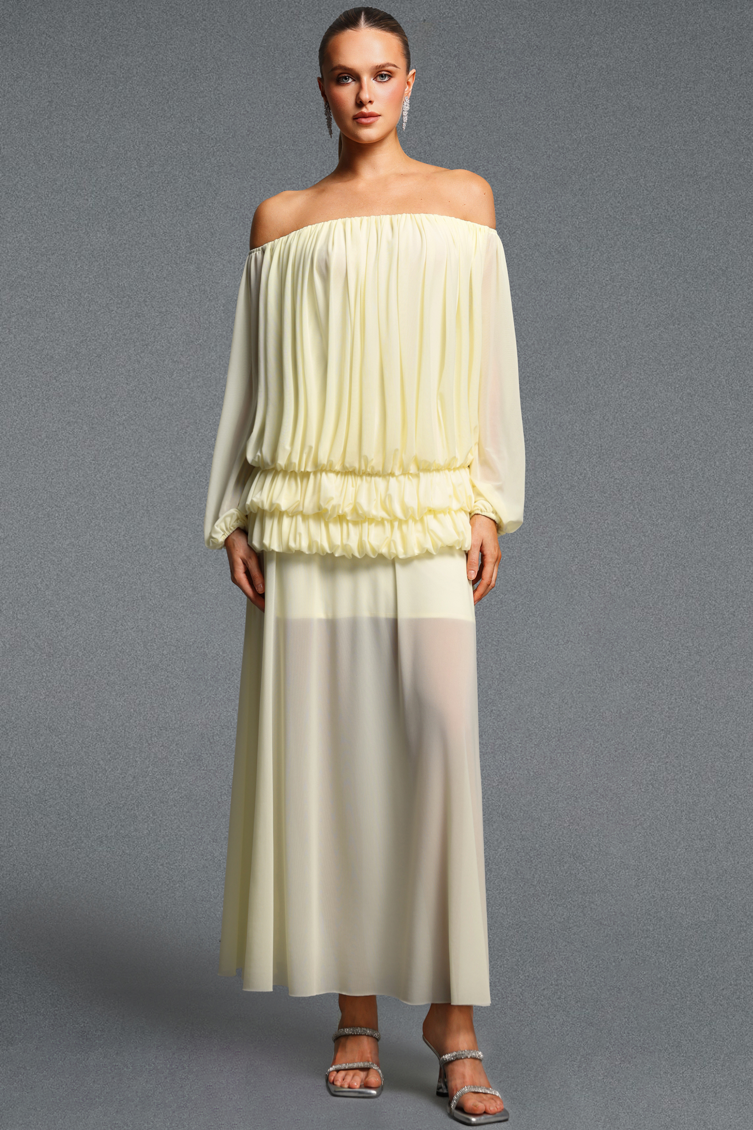 Gianna Elegant Off Shoulder Long Sleeve Ruched Top Midi Skirt Knit Two Piece Set