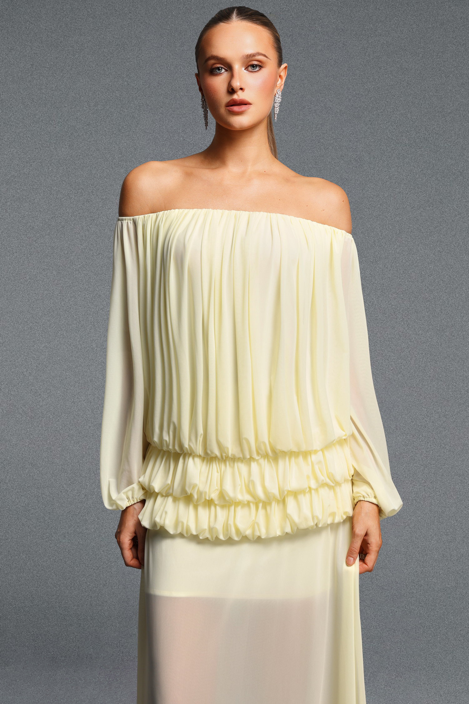 Gianna Elegant Off Shoulder Long Sleeve Ruched Top Midi Skirt Knit Two Piece Set