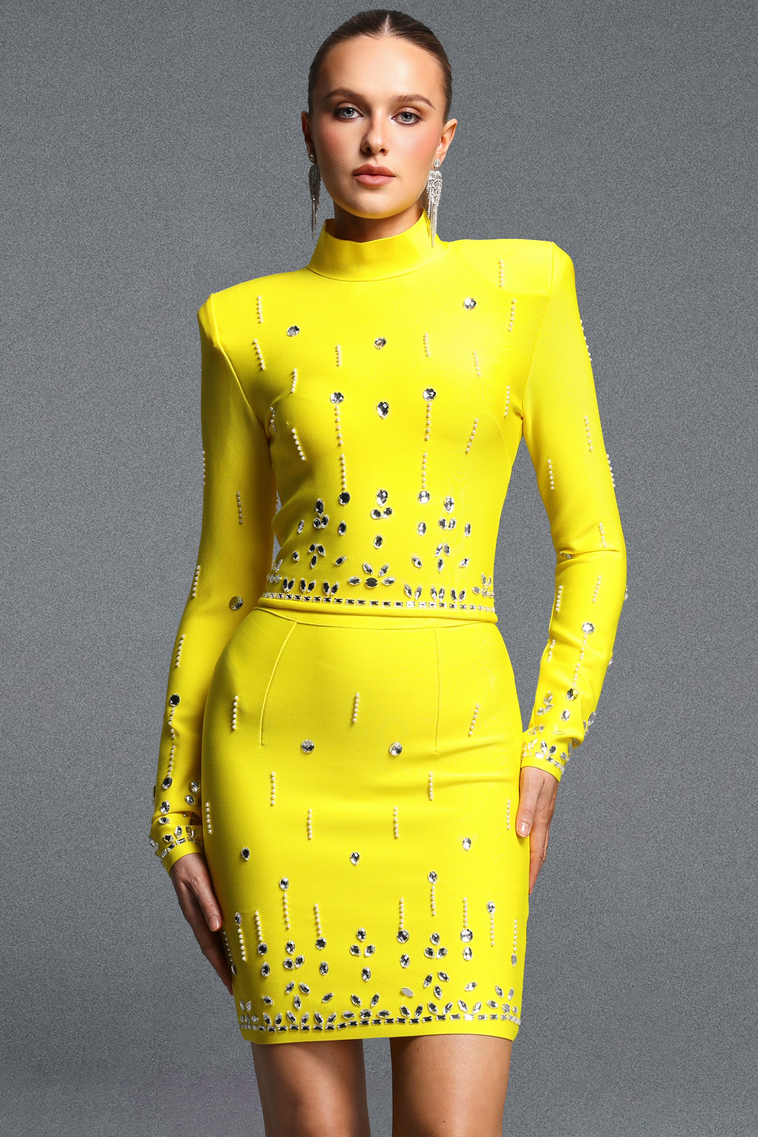 Enid Stylish Long Sleeve High Neck Rhinestone Top Midi Skirt Bandage Two Piece Set