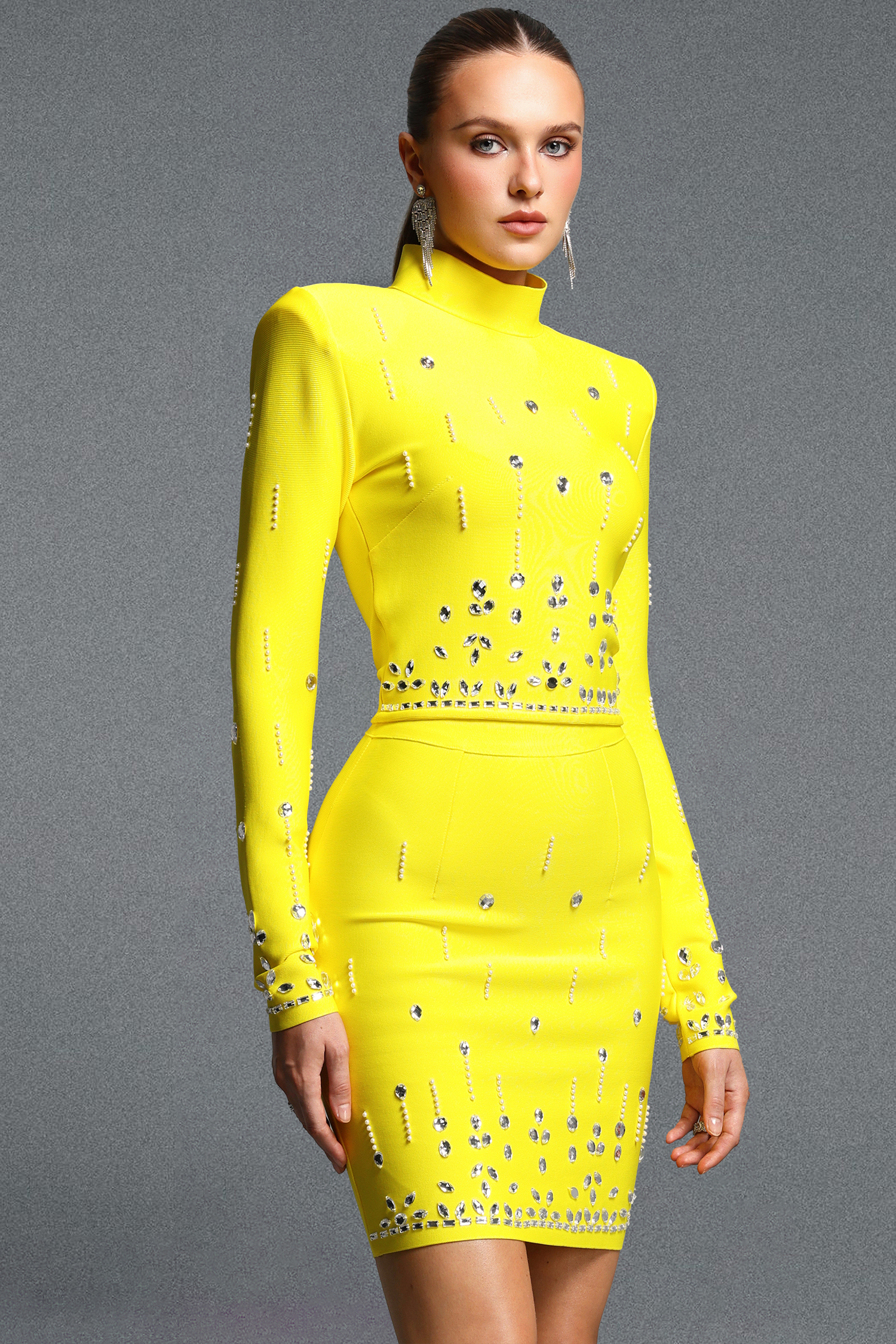 Enid Stylish Long Sleeve High Neck Rhinestone Top Midi Skirt Bandage Two Piece Set