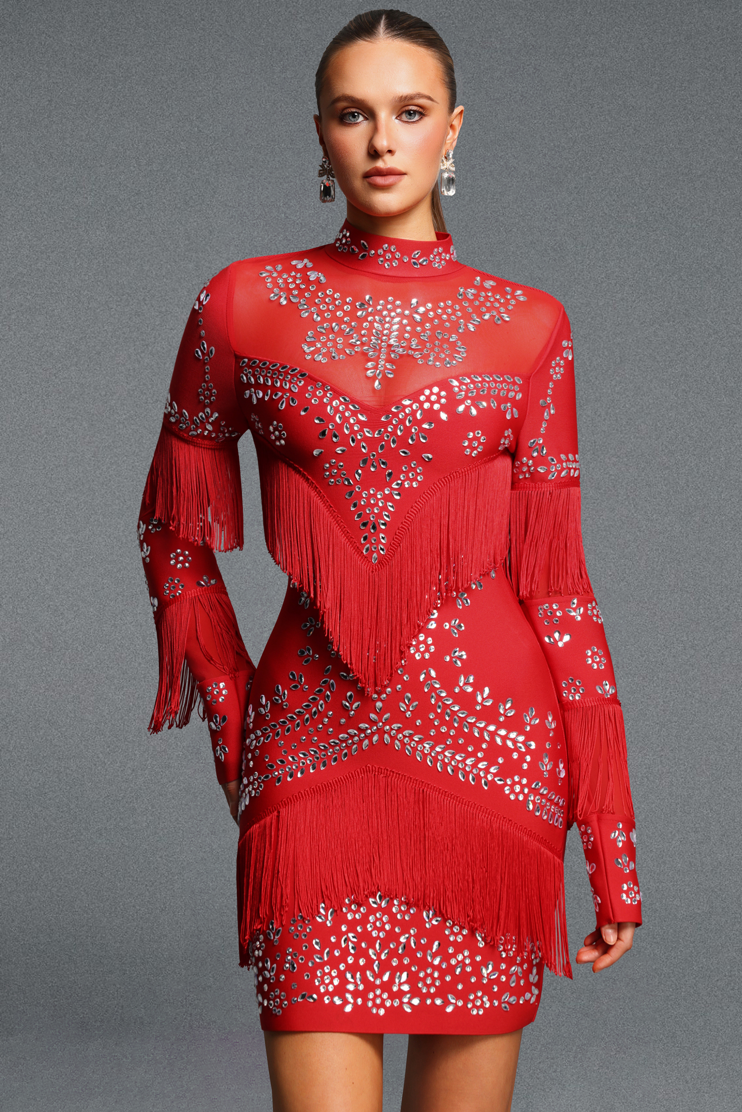 Twyla Exquisite Long Sleeve High Neck Rhinestone Tassel Mesh Spliced Bandage Mini Dress