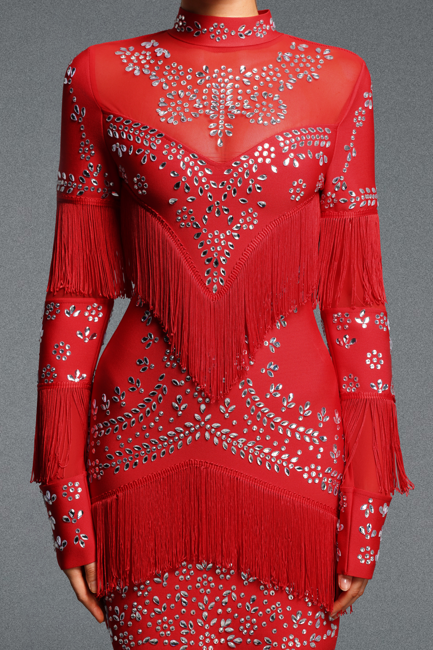 Twyla Exquisite Long Sleeve High Neck Rhinestone Tassel Mesh Spliced Bandage Mini Dress