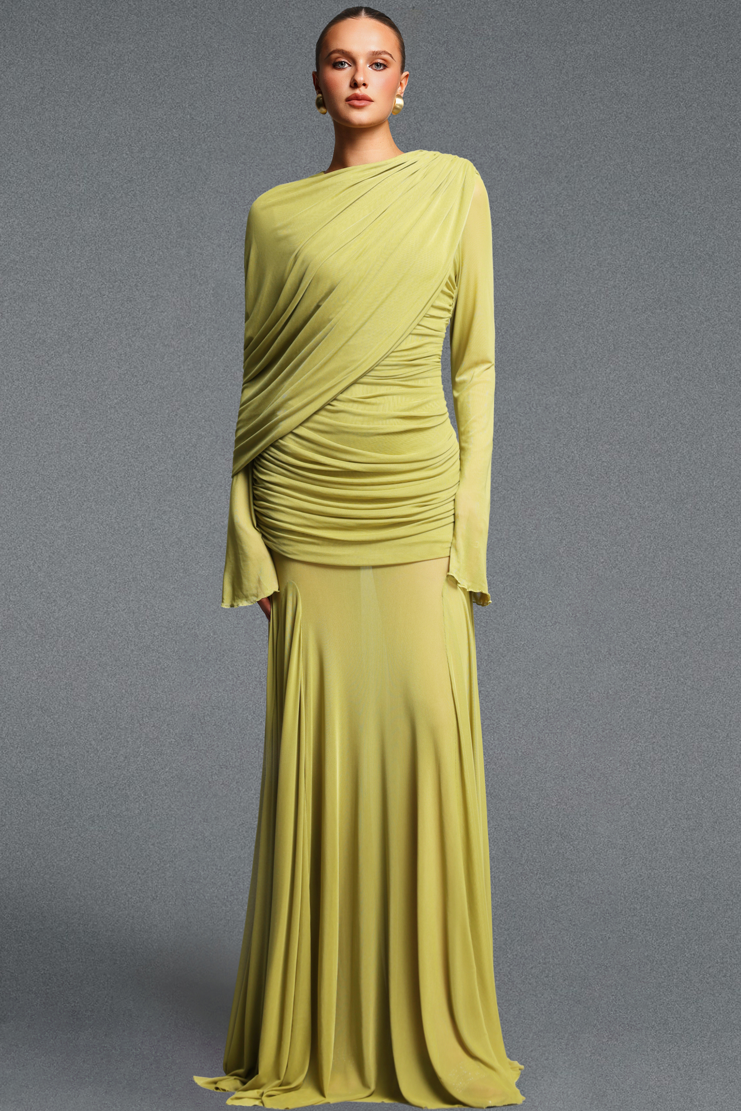 Xapana Romantic Cinched Waist Long Sleeve Ruched Knit Maxi Dress