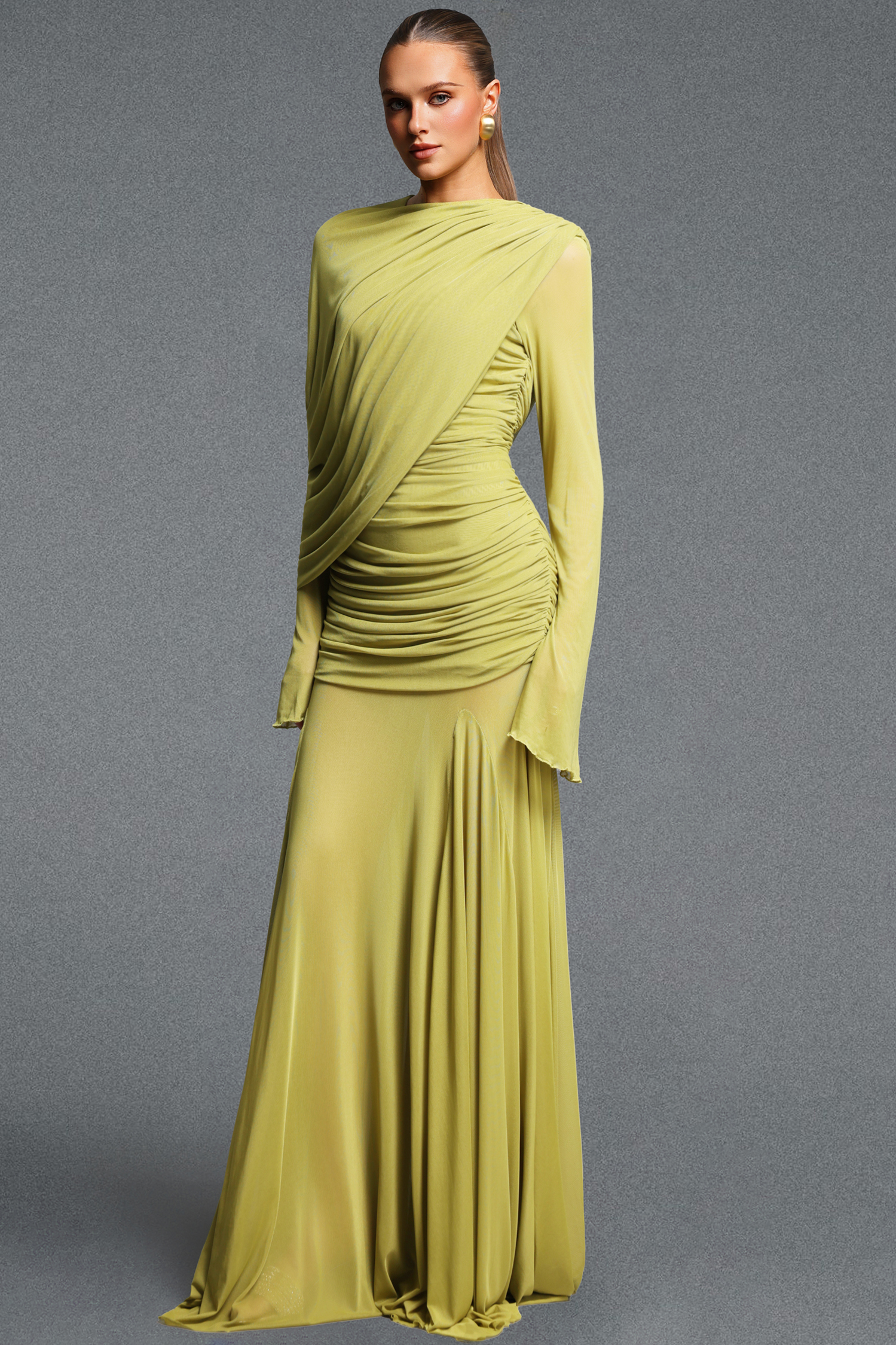 Xapana Romantic Cinched Waist Long Sleeve Ruched Knit Maxi Dress