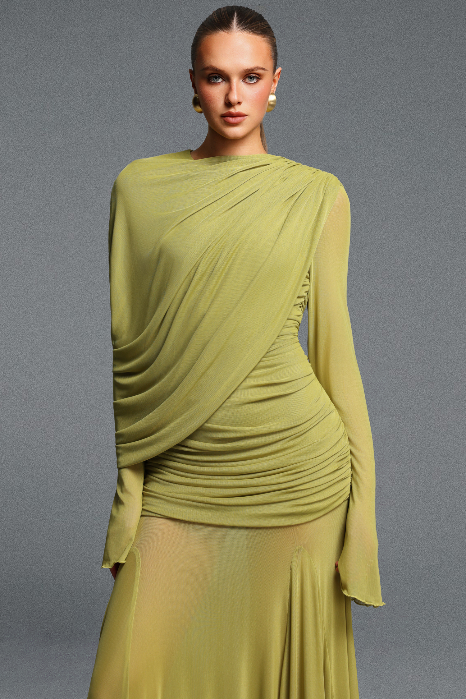 Xapana Romantic Cinched Waist Long Sleeve Ruched Knit Maxi Dress