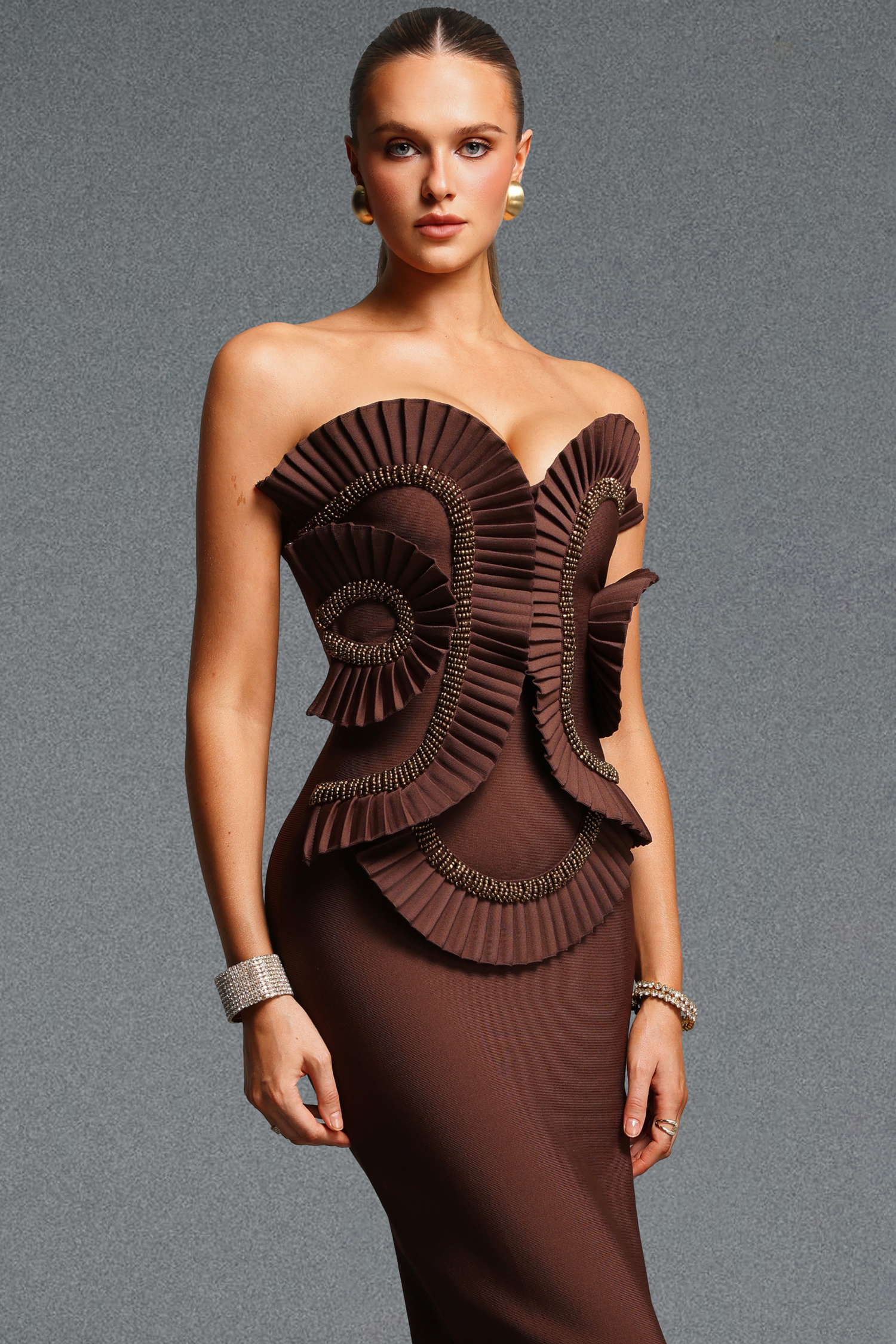 Toto Stylish Strapless Ruched Beaded Decor Bandage Maxi Dress