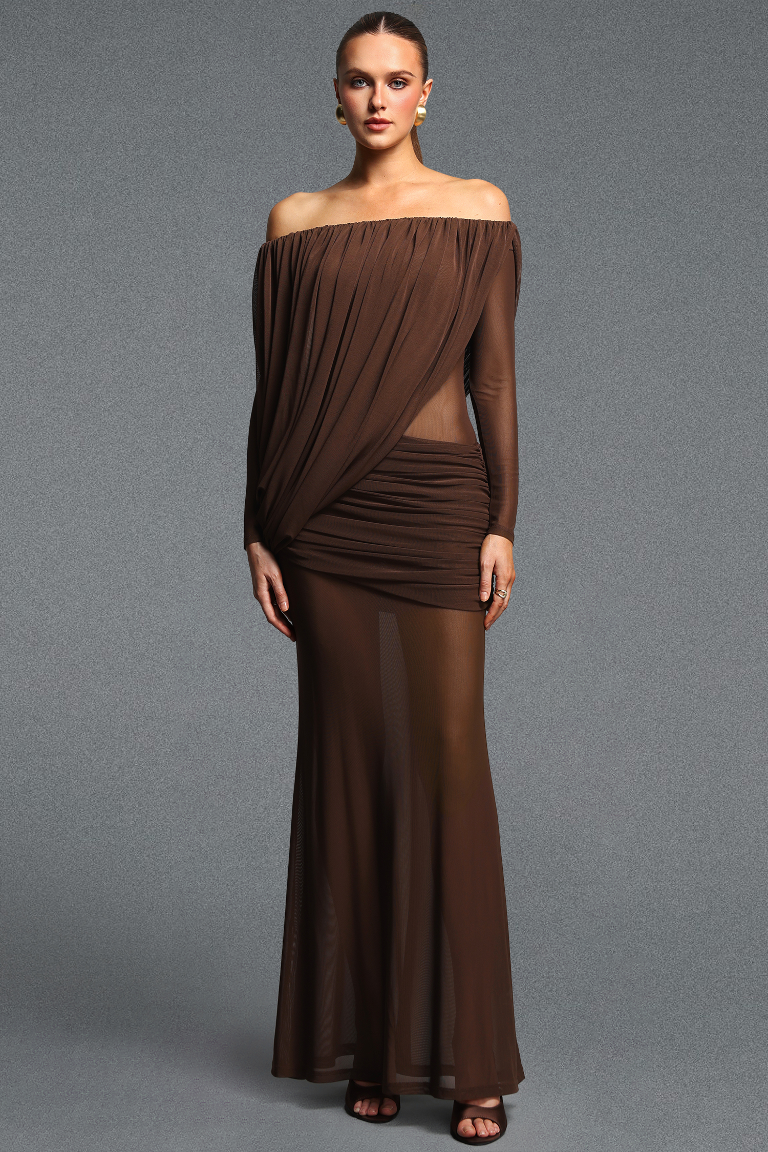 Uano Elegant Luxurious Off Shoulder Long Sleeve Ruched Knit Brown Maxi Dress