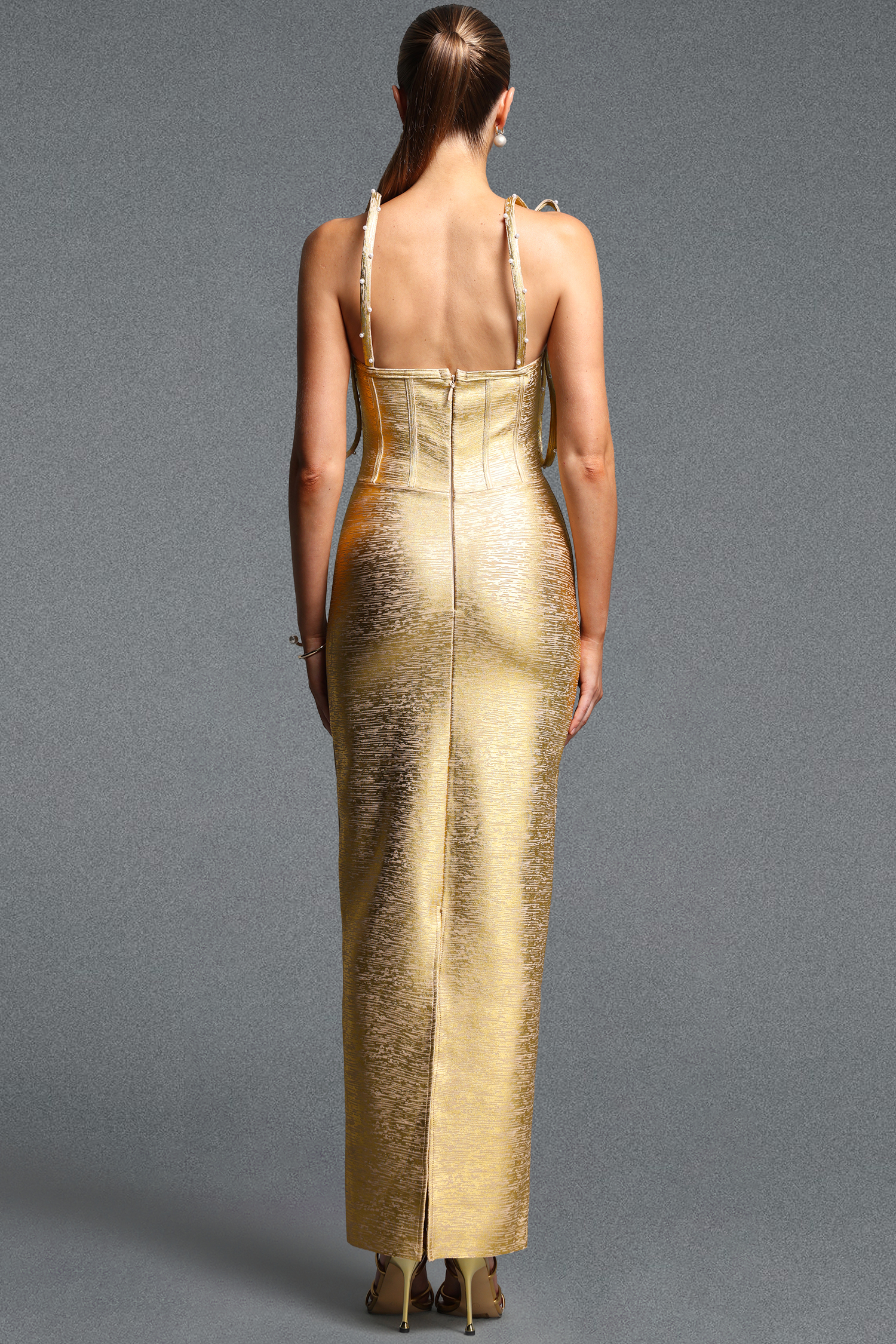 Margue Elegant Cinched Waist Spaghetti Strap Bow Pearl Bandage Maxi Dress
