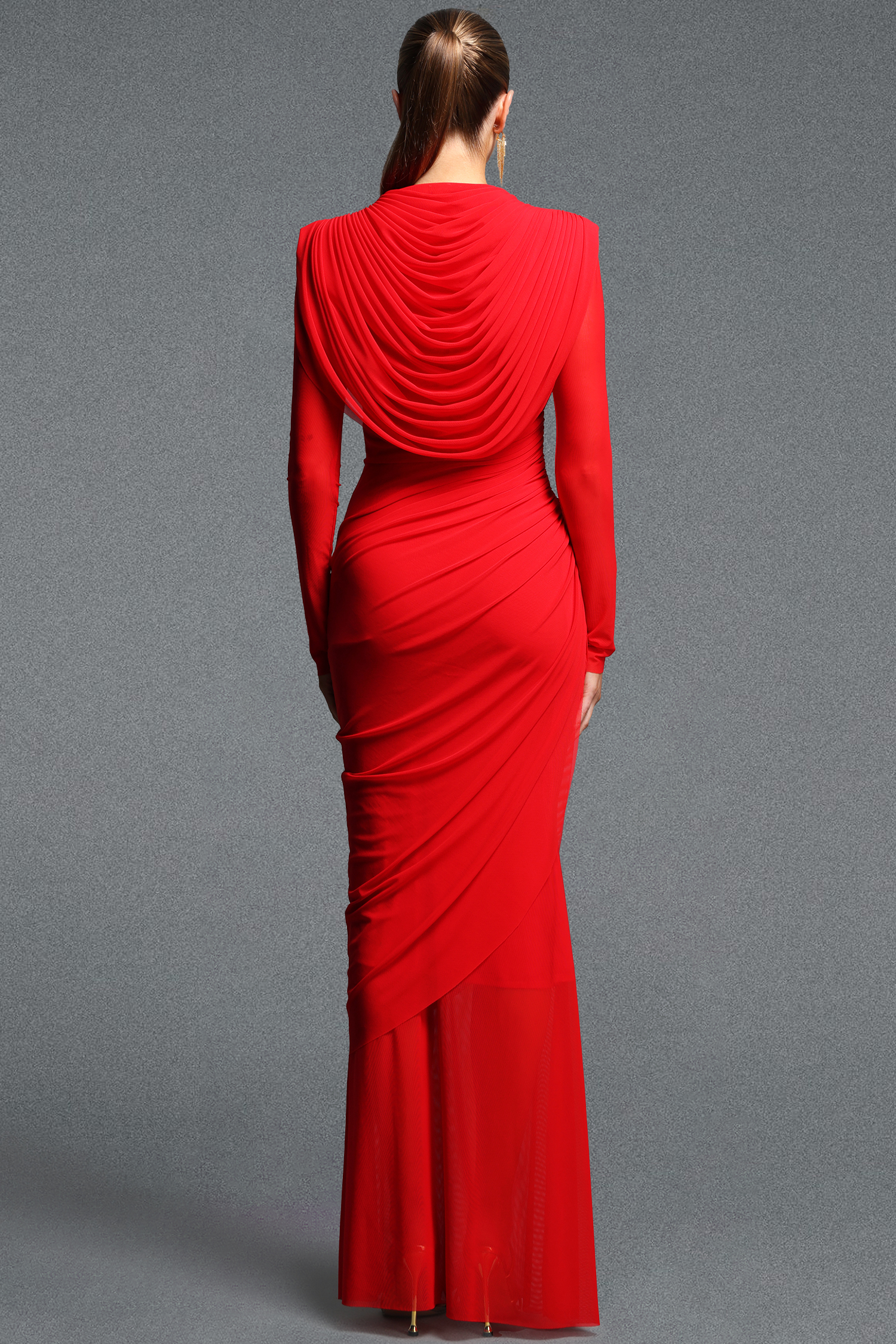 Kale Elegant Cinched Waist Long Sleeve Ruched Mermaid Woven Maxi Dress