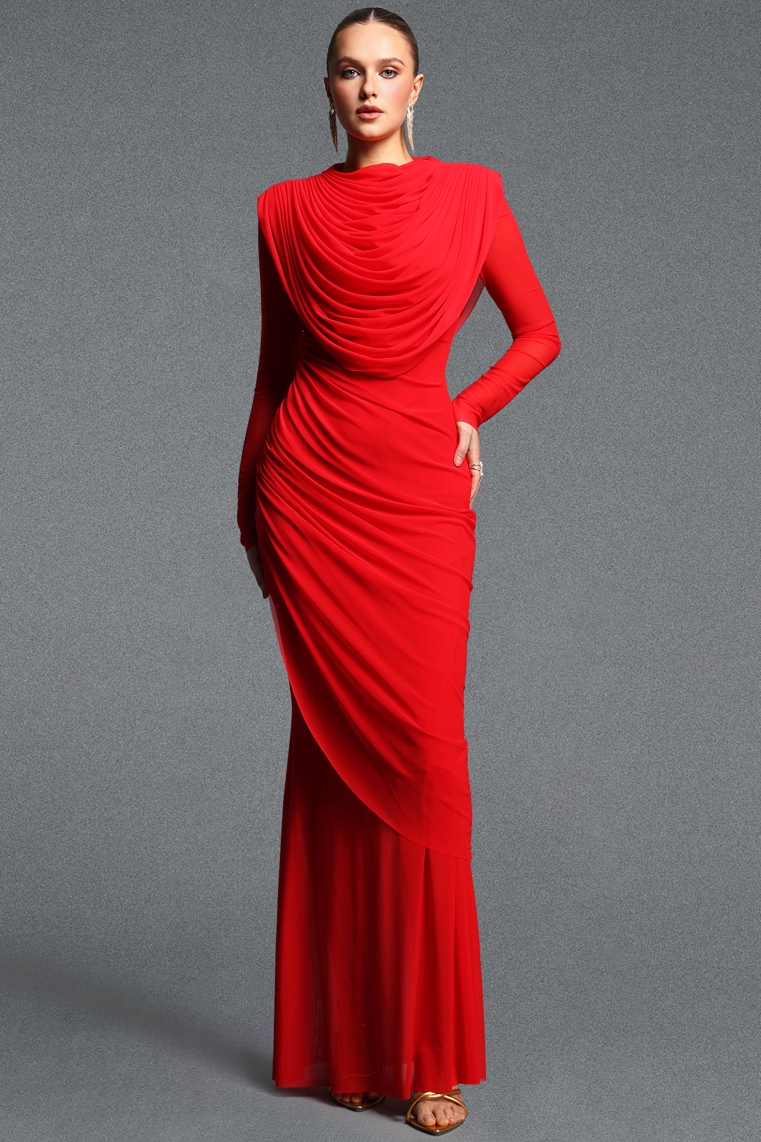 Kale Elegant Cinched Waist Long Sleeve Ruched Mermaid Woven Maxi Dress