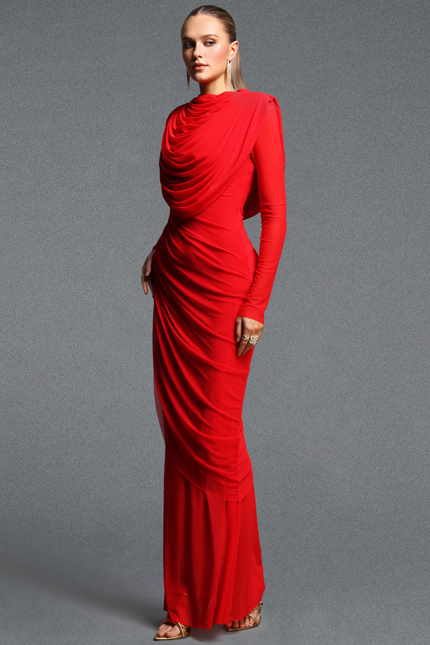 Kale Elegant Cinched Waist Long Sleeve Ruched Mermaid Woven Maxi Dress