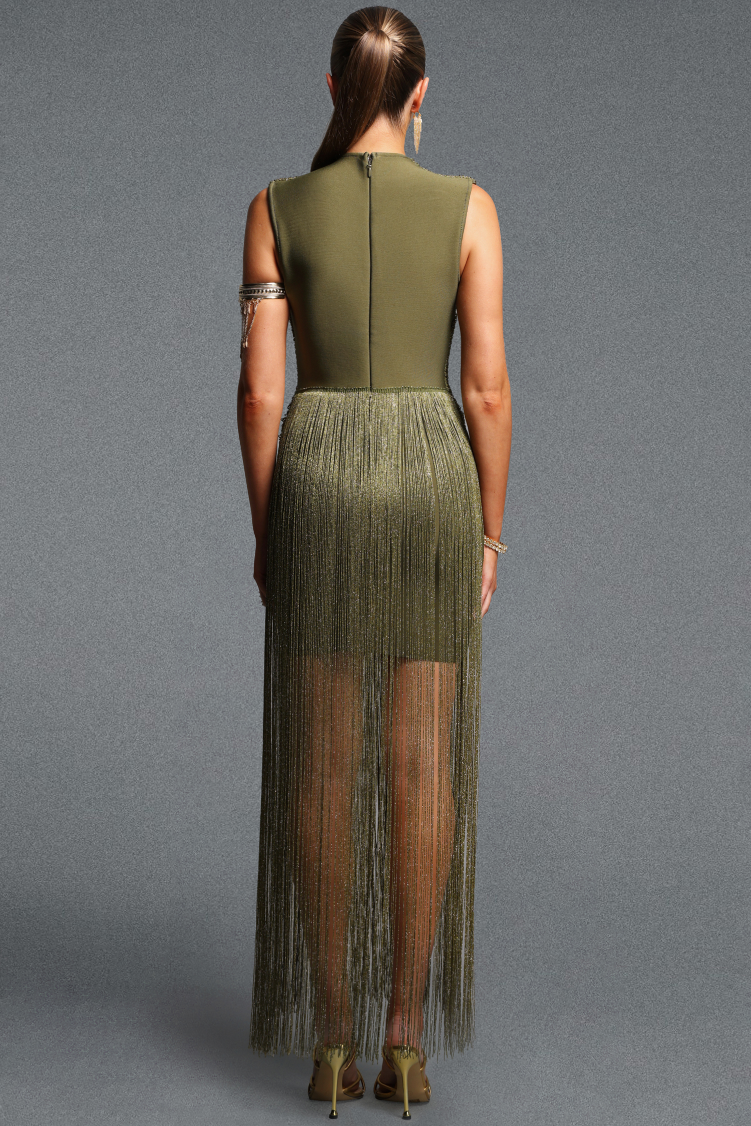 Vincy Elegant Sleeveless Fringe Bandage Green Maxi Dress