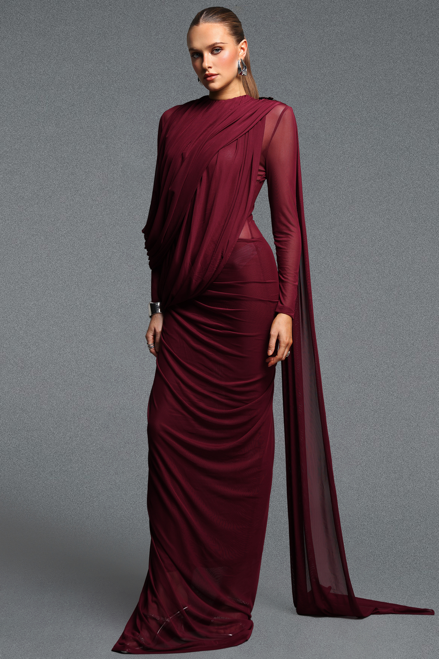 Erele Elegant Cinched Waist Ruched Metal Decor Woven Maxi Dress