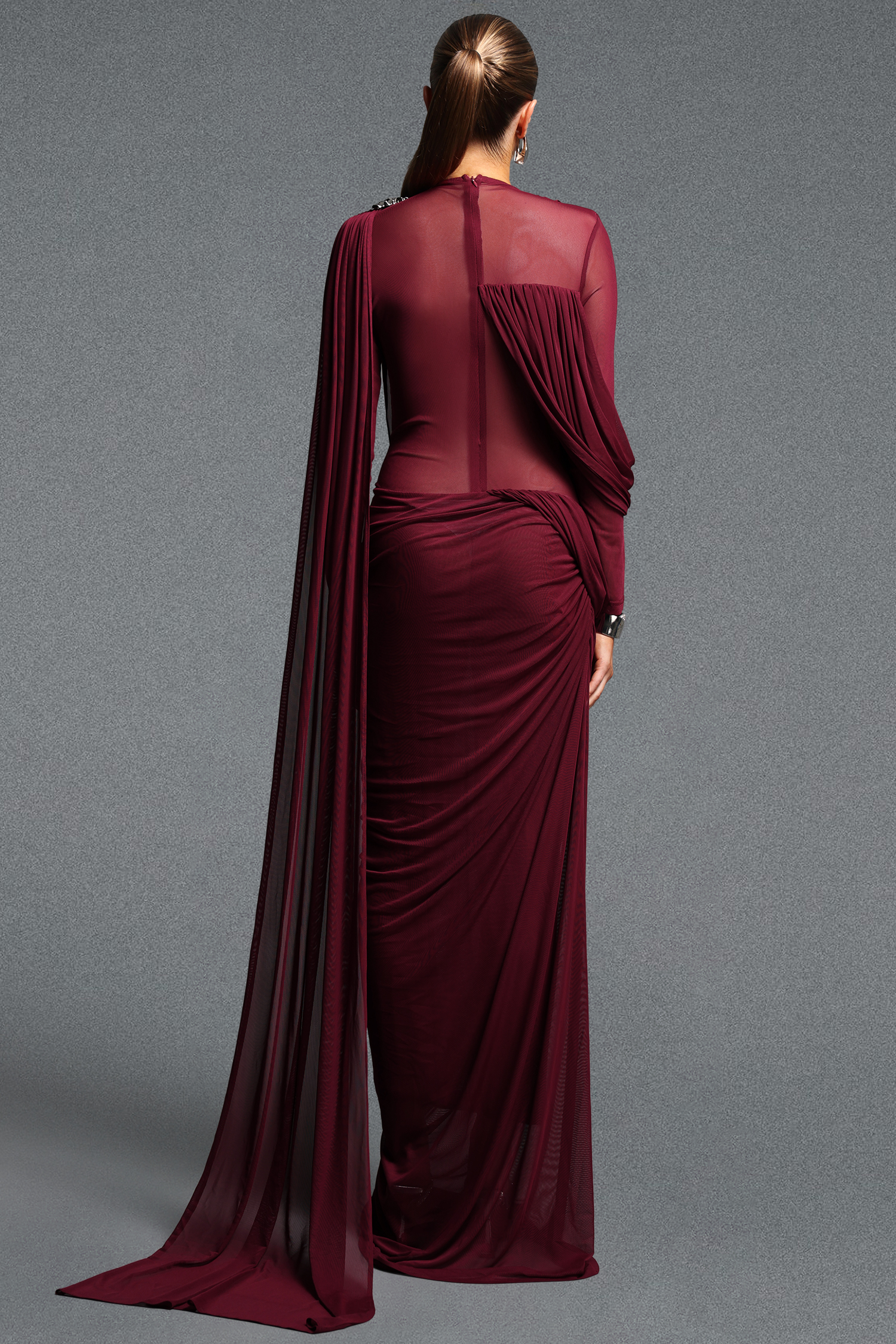 Erele Elegant Cinched Waist Ruched Metal Decor Woven Maxi Dress