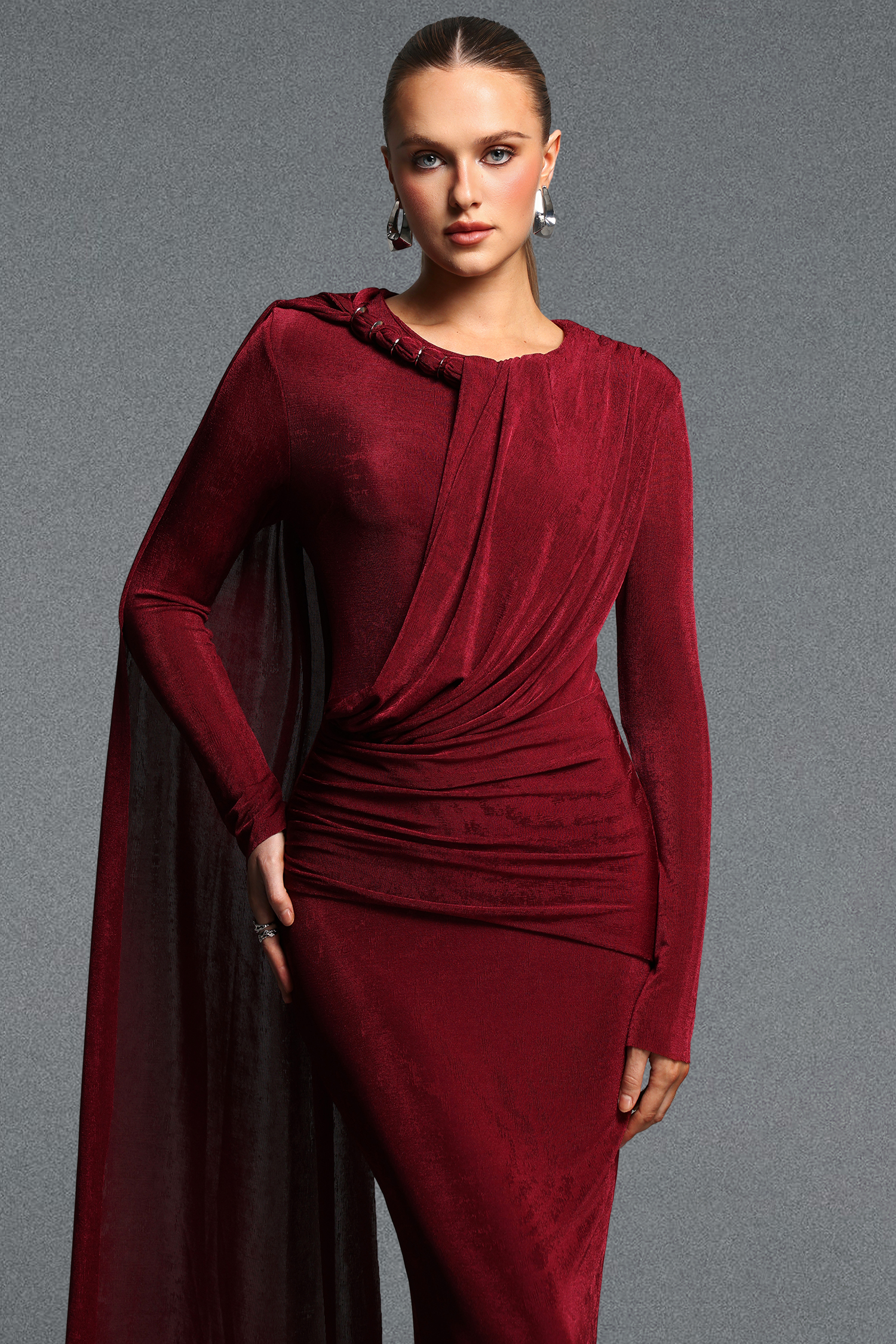 Ninon Elegant Cinched Waist Long Sleeve Ruched Sash Metal Decor Knit Maxi Dress