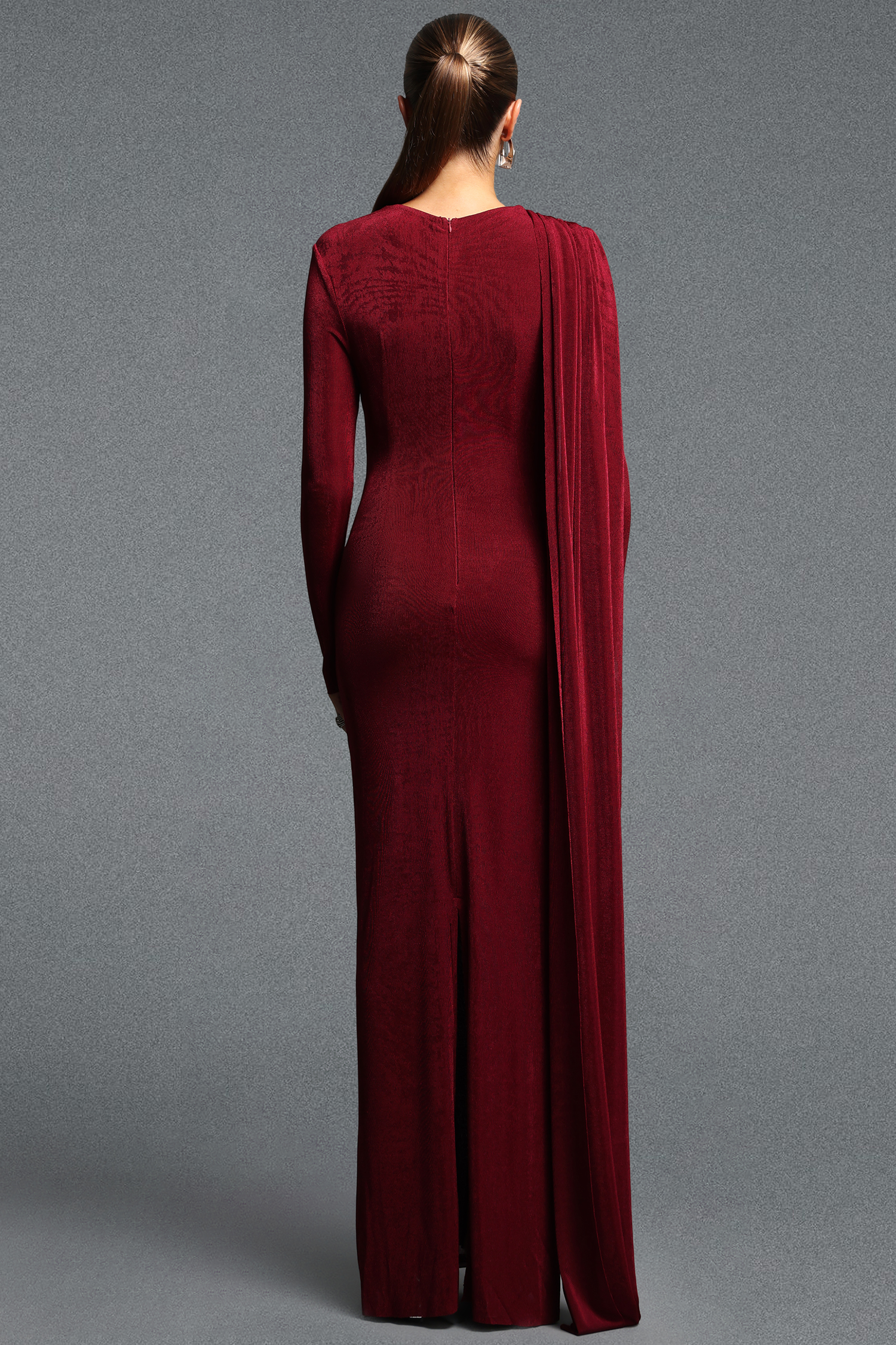 Ninon Elegant Cinched Waist Long Sleeve Ruched Sash Metal Decor Knit Maxi Dress