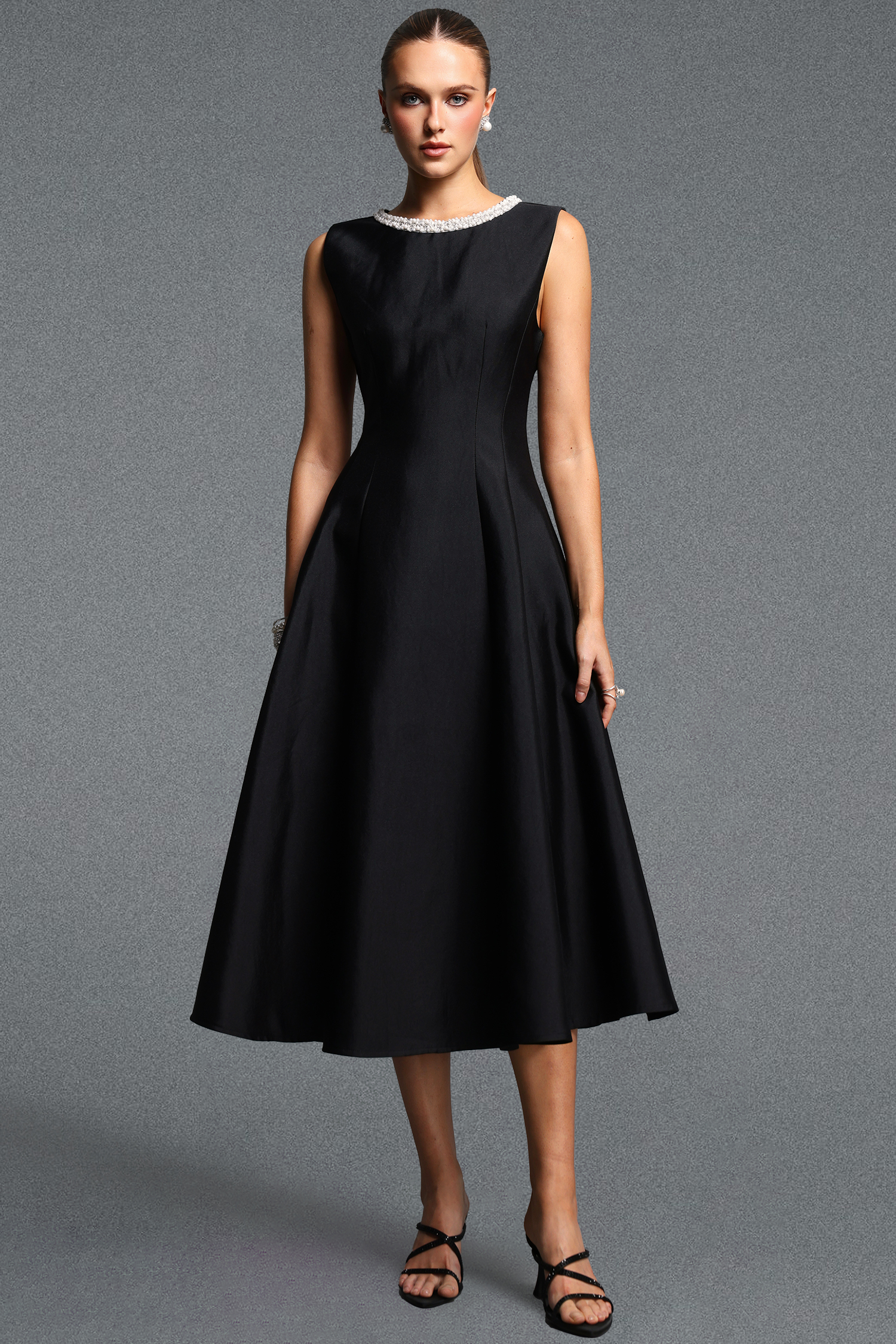 Velma Minimalist Cinched Waist Sleeveless Pearl Rhinestone A Line Black Maxi Dress