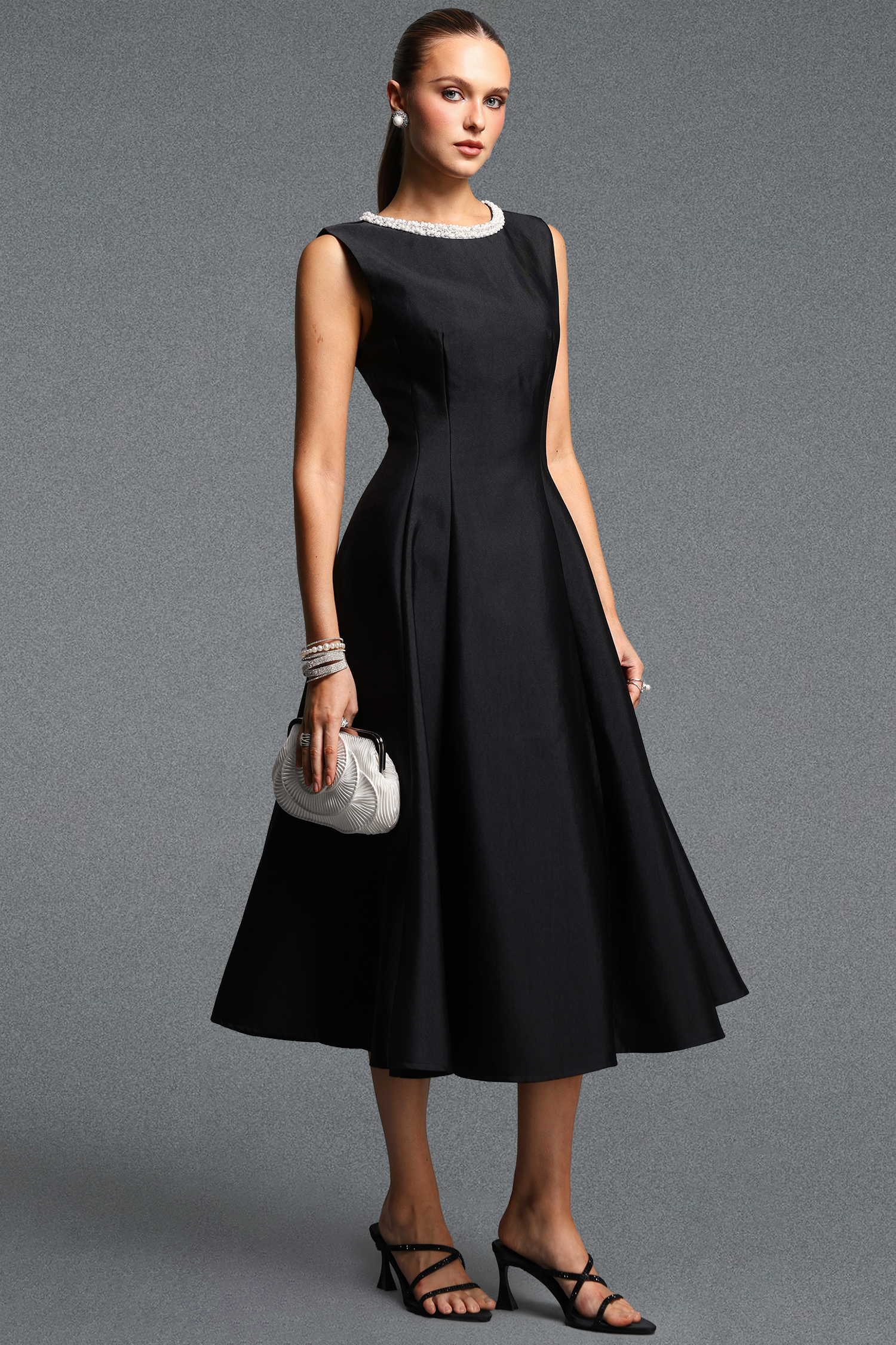 Velma Minimalist Cinched Waist Sleeveless Pearl Rhinestone A Line Black Maxi Dress