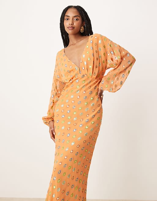 Never Fully Dressed metallic gold spot midaxi dress in coral
