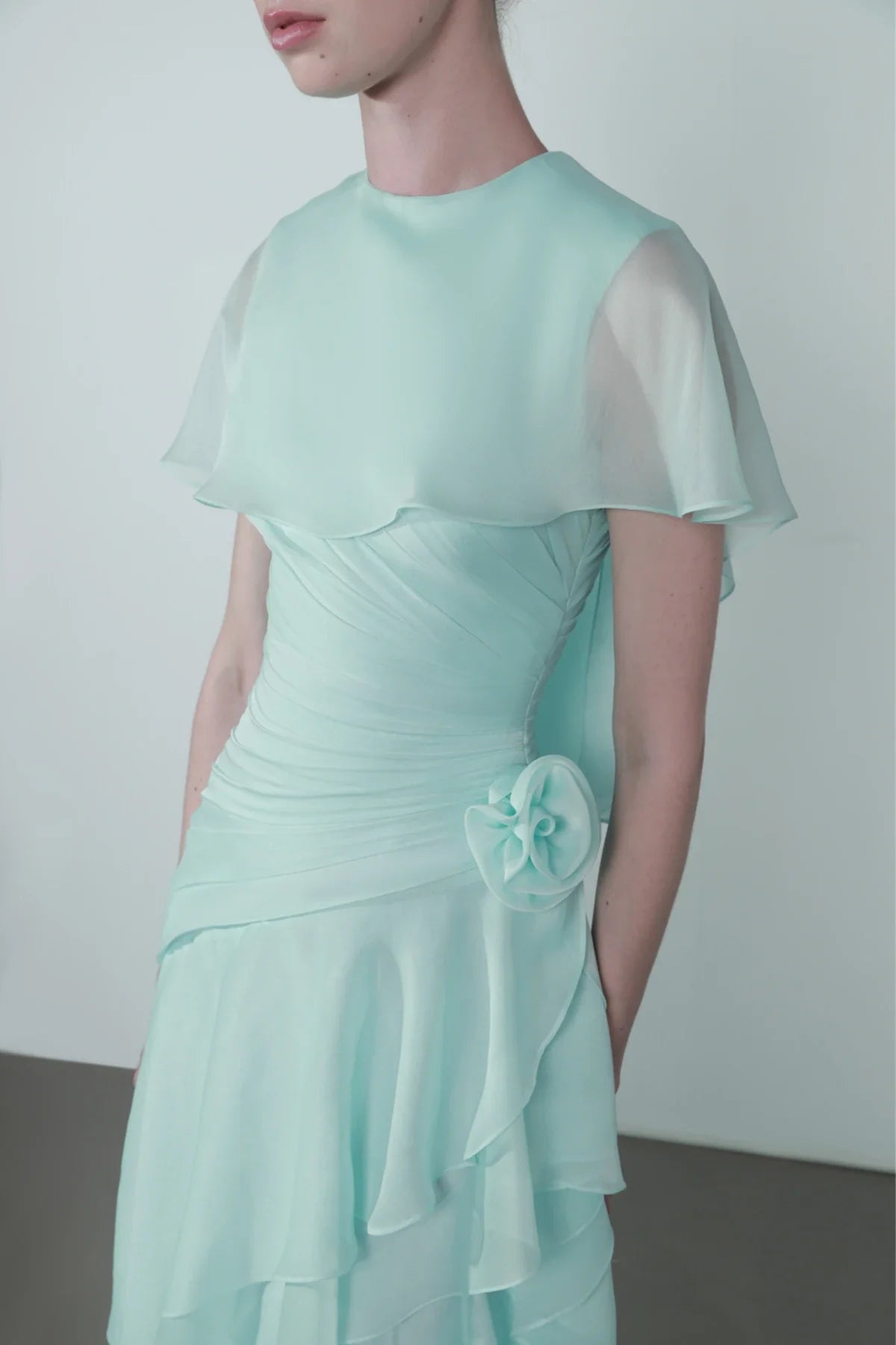 Cap-Shoulder Crew-Neck Floral-Appliqué Waist Tiered Maxi Dress 2