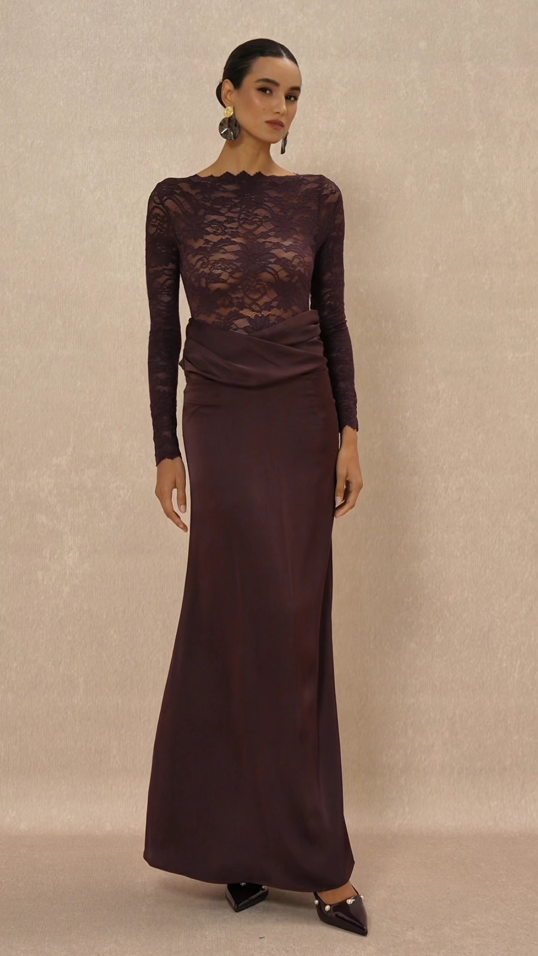 Lace Splicing Satin Long Sleeve Maxi Dress