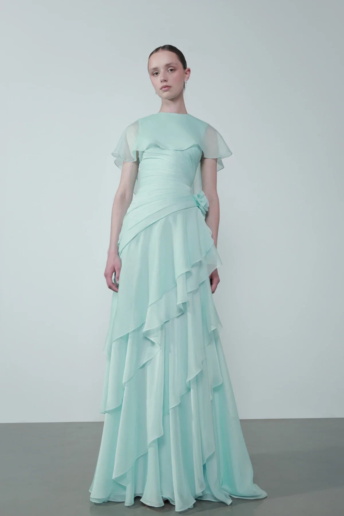 Cap-Shoulder Crew-Neck Floral-Appliqué Waist Tiered Maxi Dress 3