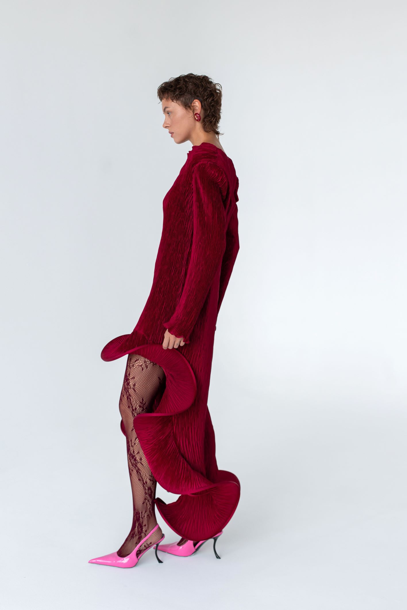 Flared Skirt with Ruffled Hem Long-sleeve Dress