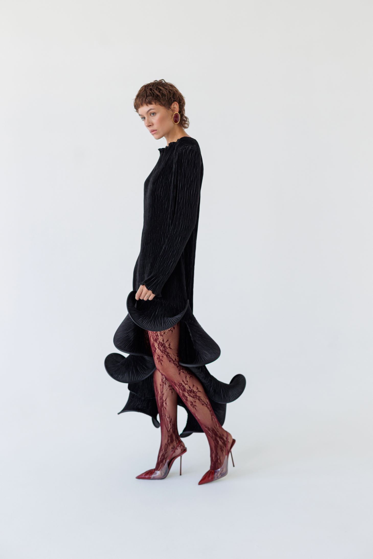 Flared Skirt with Ruffled Hem Long-sleeve Dress