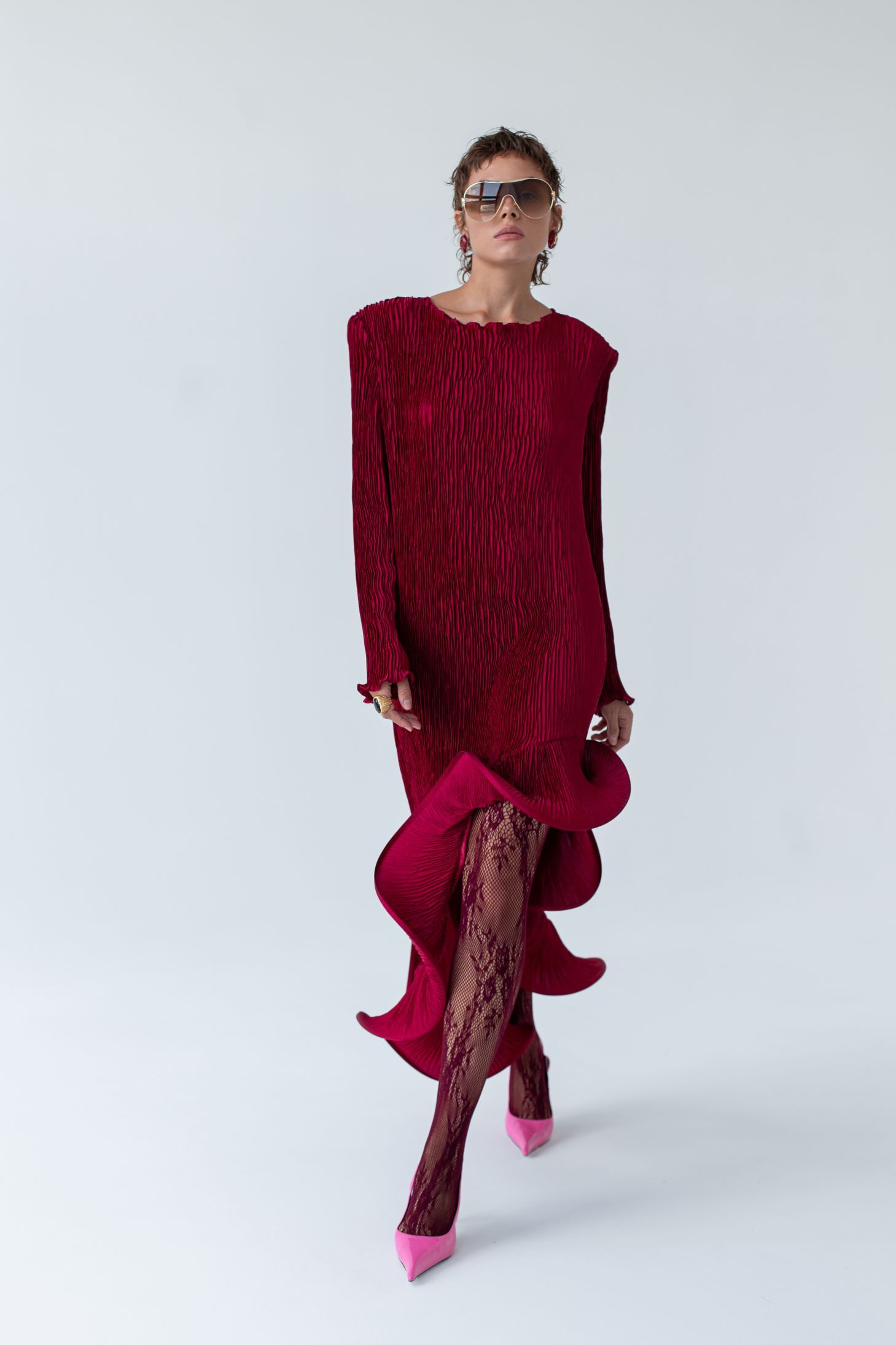 Flared Skirt with Ruffled Hem Long-sleeve Dress