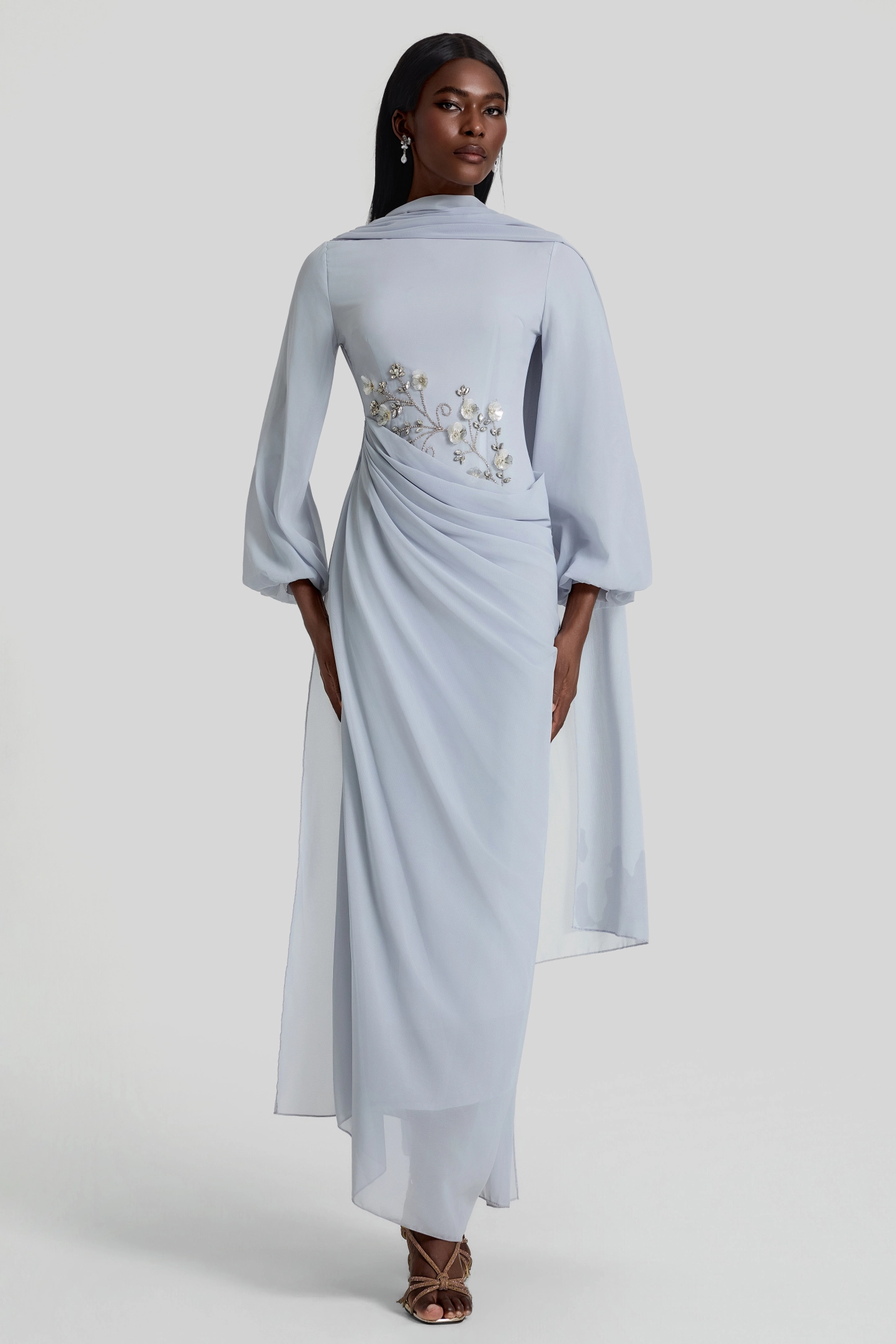 Draped Light Blue Cape Evening Dress