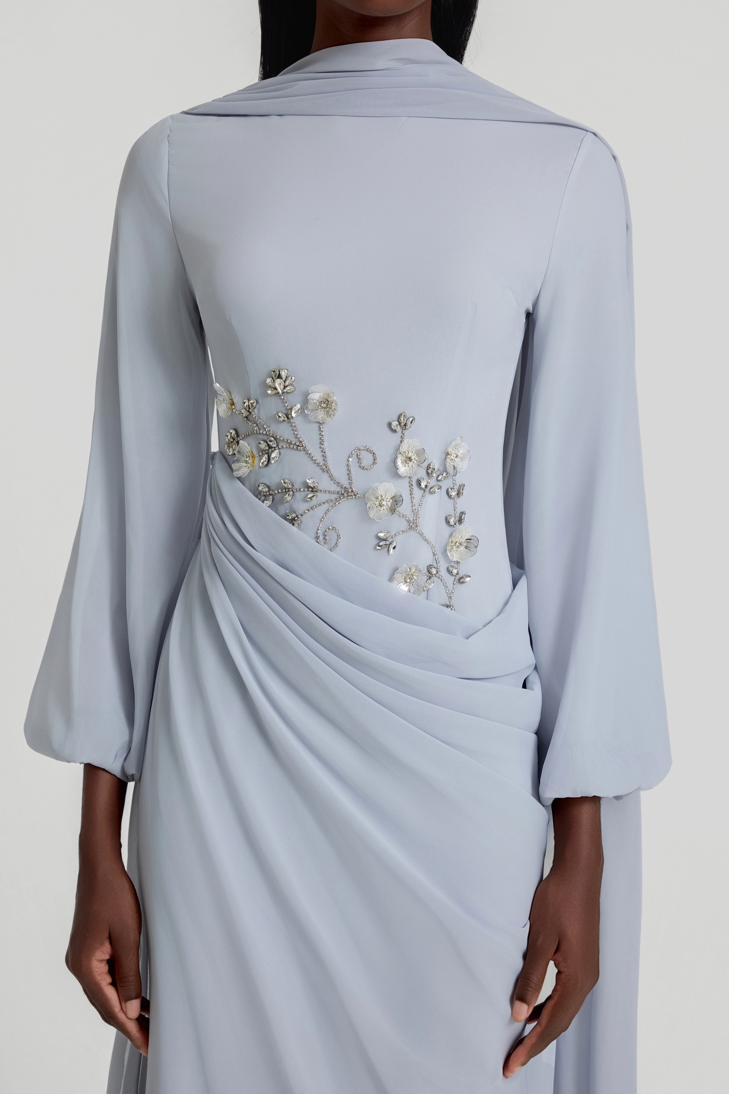 Draped Light Blue Cape Evening Dress